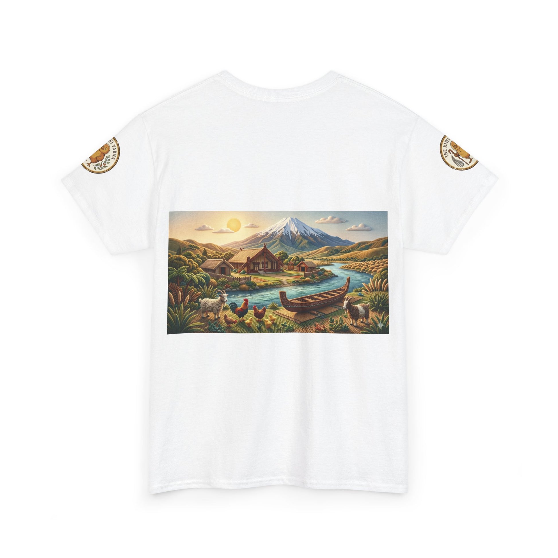 White short-sleeve T-shirt with front landscape graphic and sleeve emblem patches