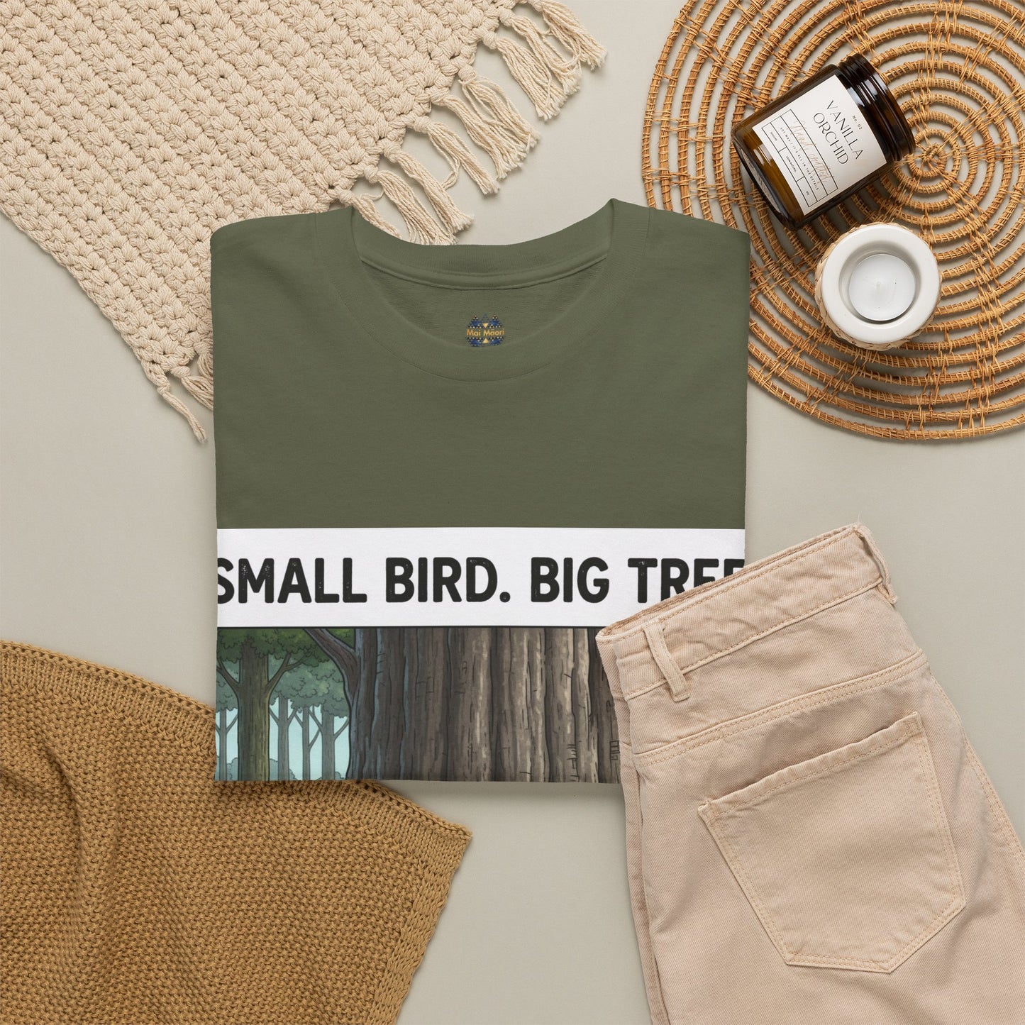 Unisex graphic T-shirt, dark green with partial forest scene print and slogan