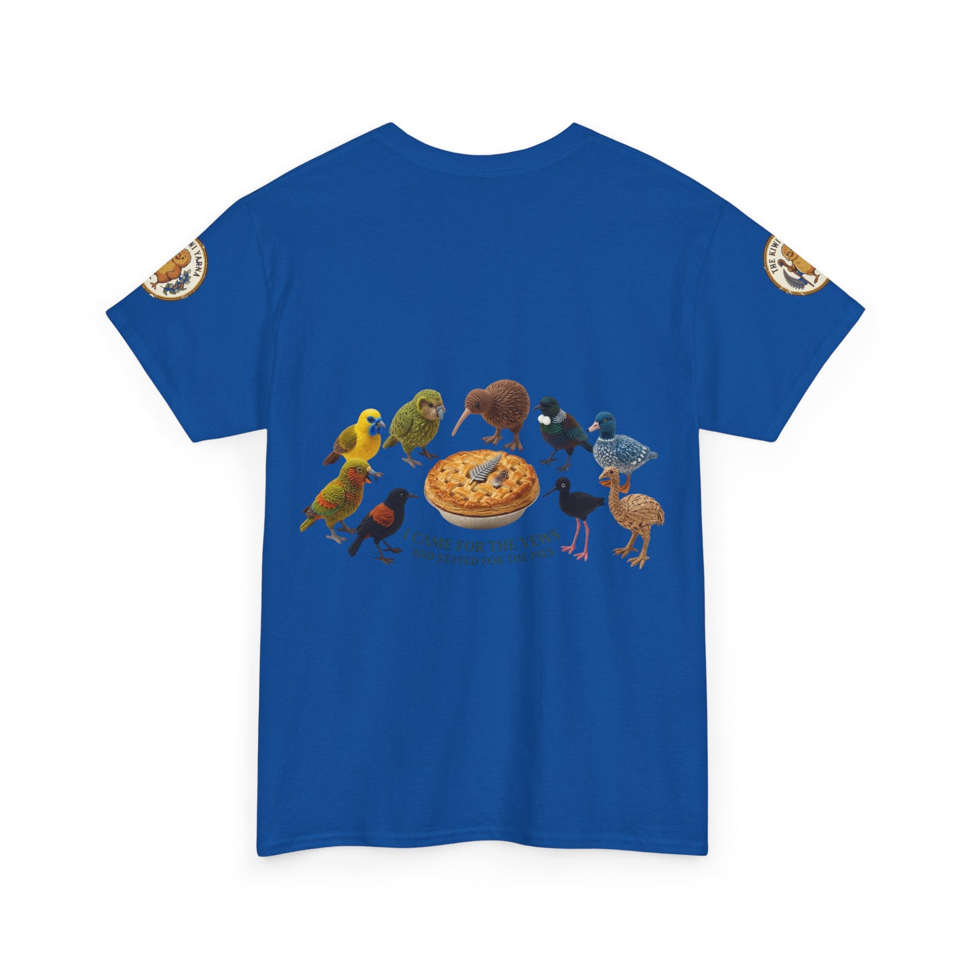 Blue graphic T-shirt front with multiple birds and central pizza artwork