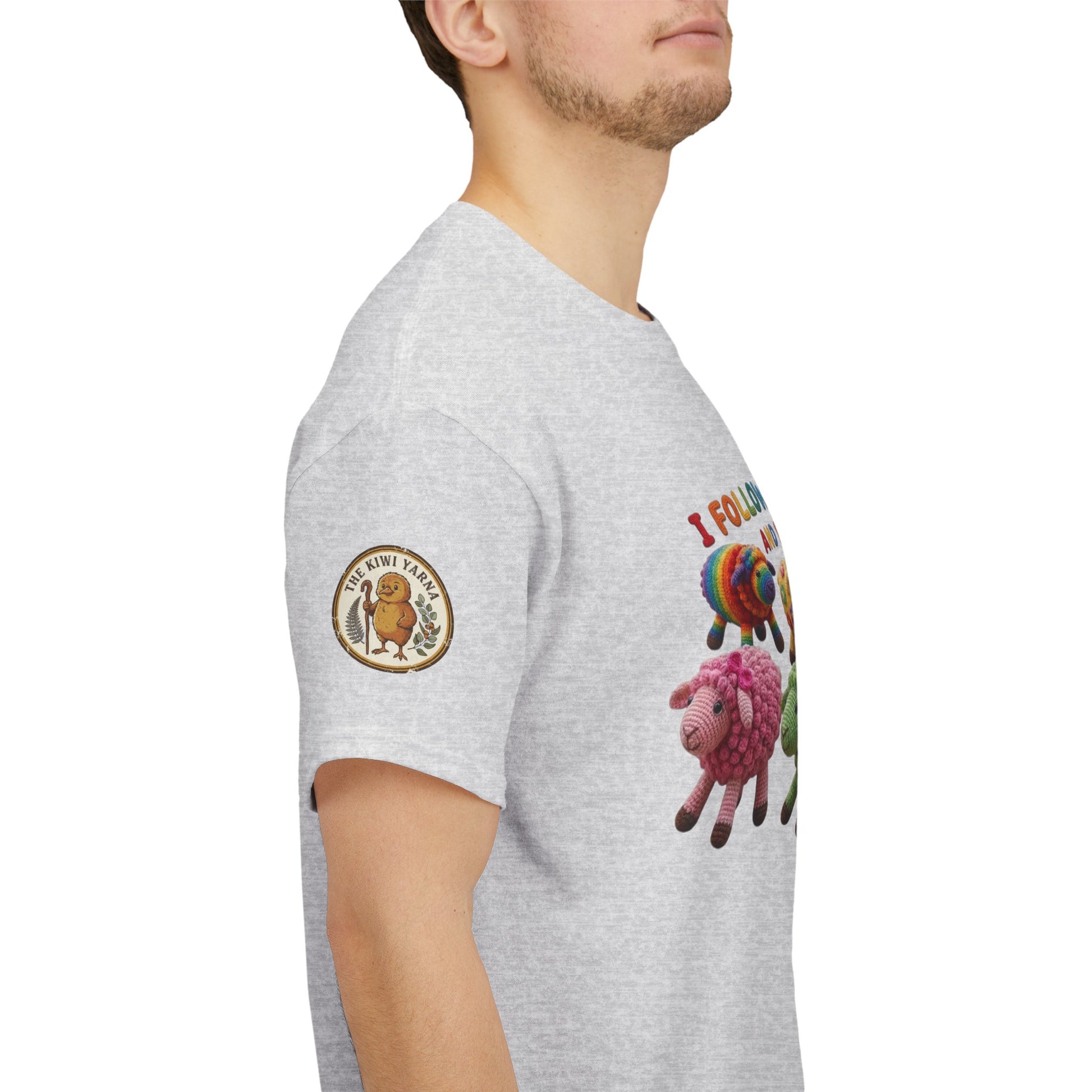 Heather gray crewneck graphic T-shirt, side view with sleeve patch and sheep print