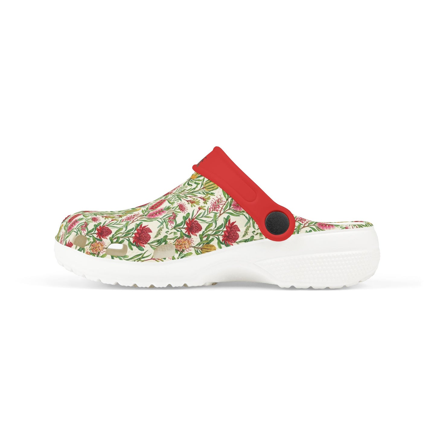 Floral slip-on clog with red strap and white sole, front three-quarter view.
