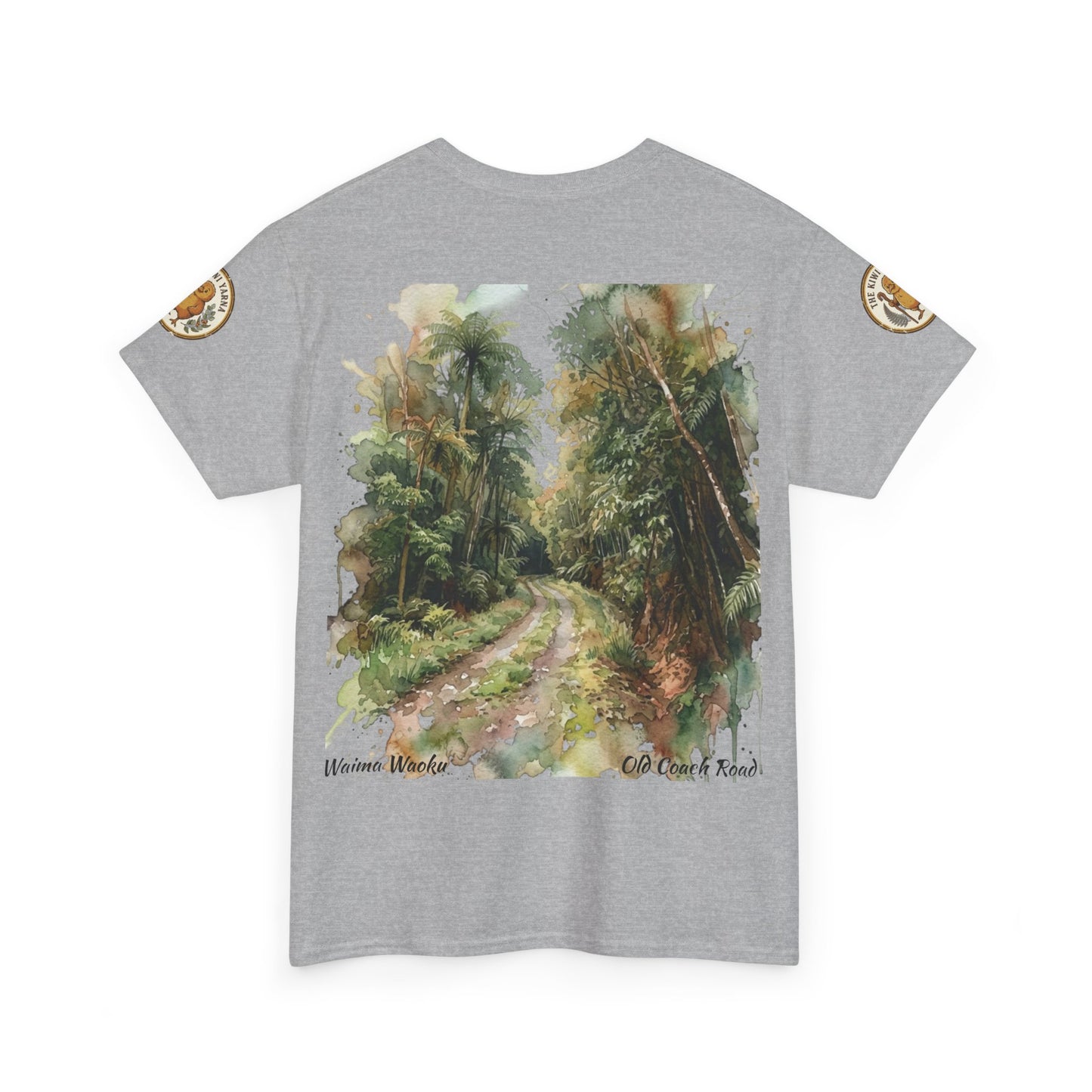 Grey T-shirt with large forest road graphic and small circular logo patches on sleeves