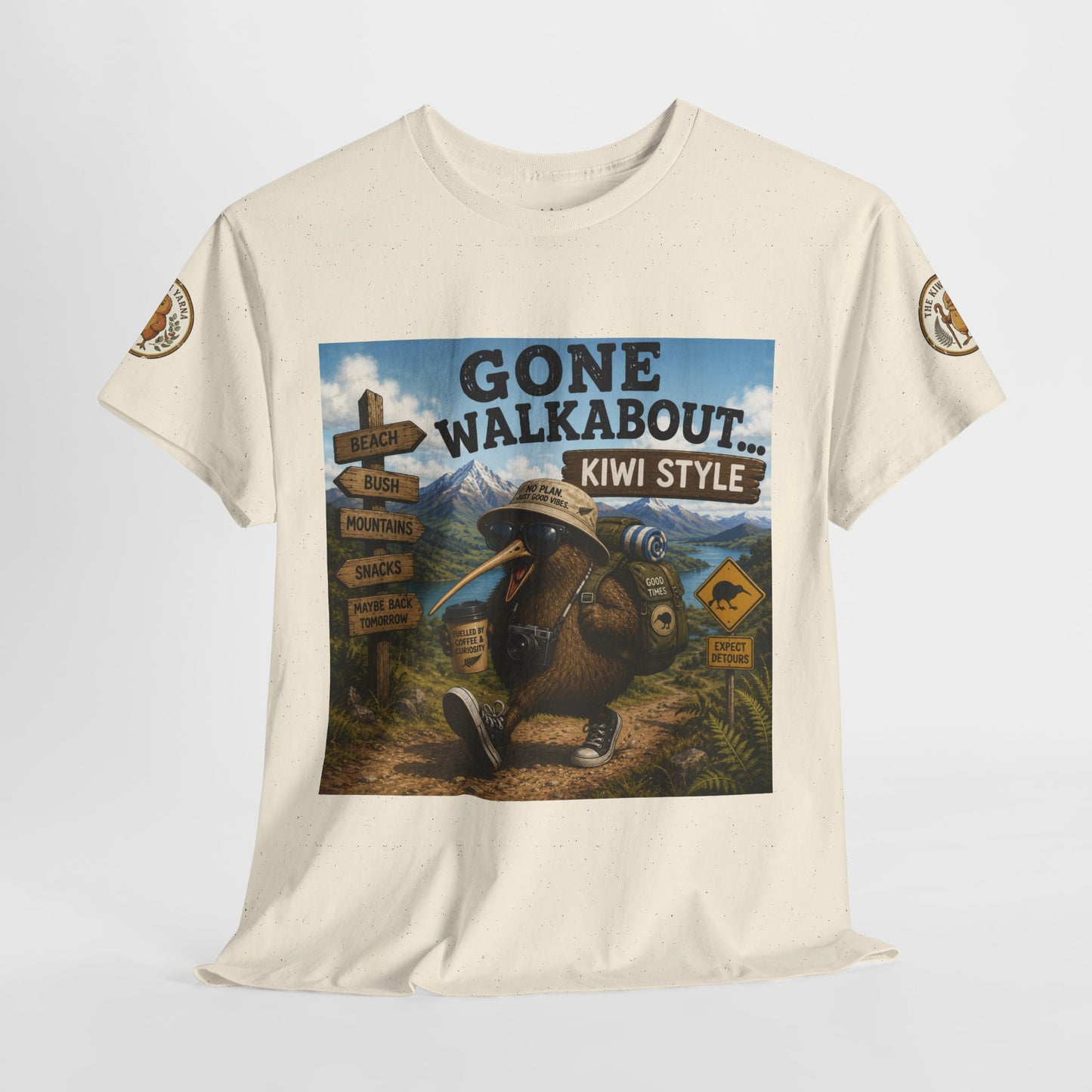 Off-white graphic T-shirt with centered 'Gone Walkabout' 'Kiwi Style' front panel
