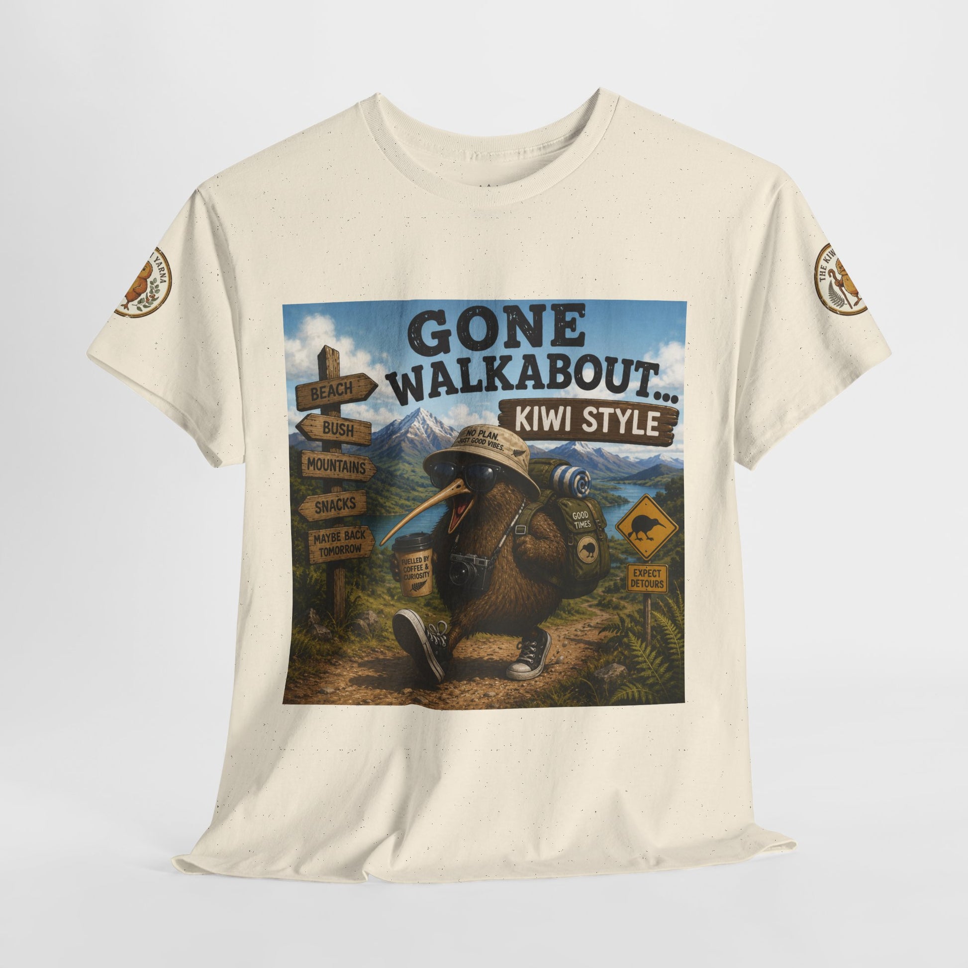 Off-white graphic T-shirt with centered 'Gone Walkabout' 'Kiwi Style' front panel