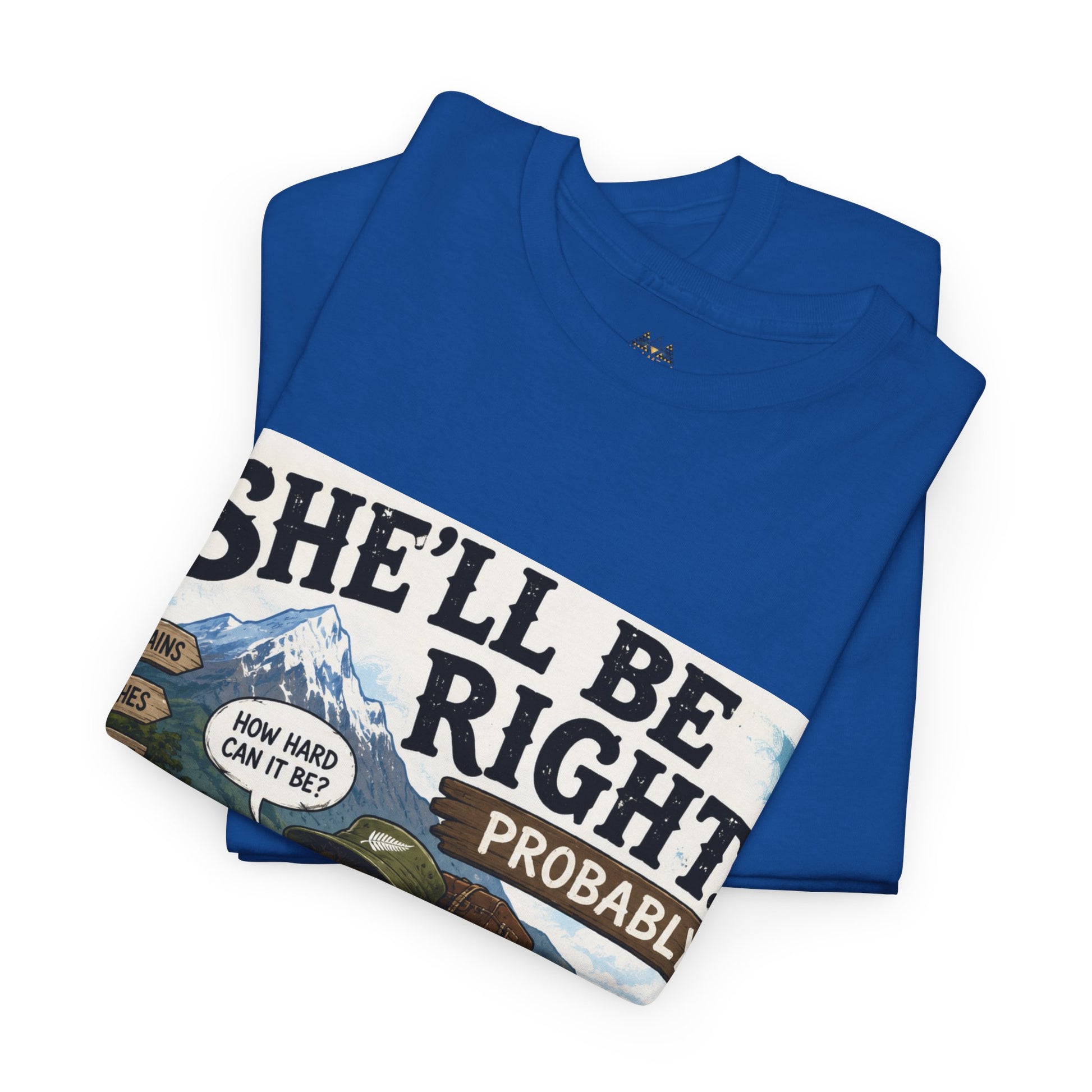 Royal blue T-shirt with partial front graphic print and adventure badge details