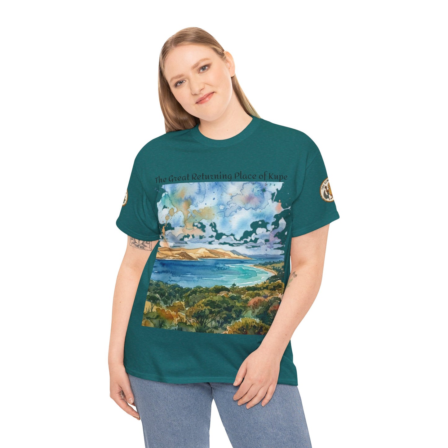 Teal printed T-shirt on model with watercolor landscape front graphic, crew neck.