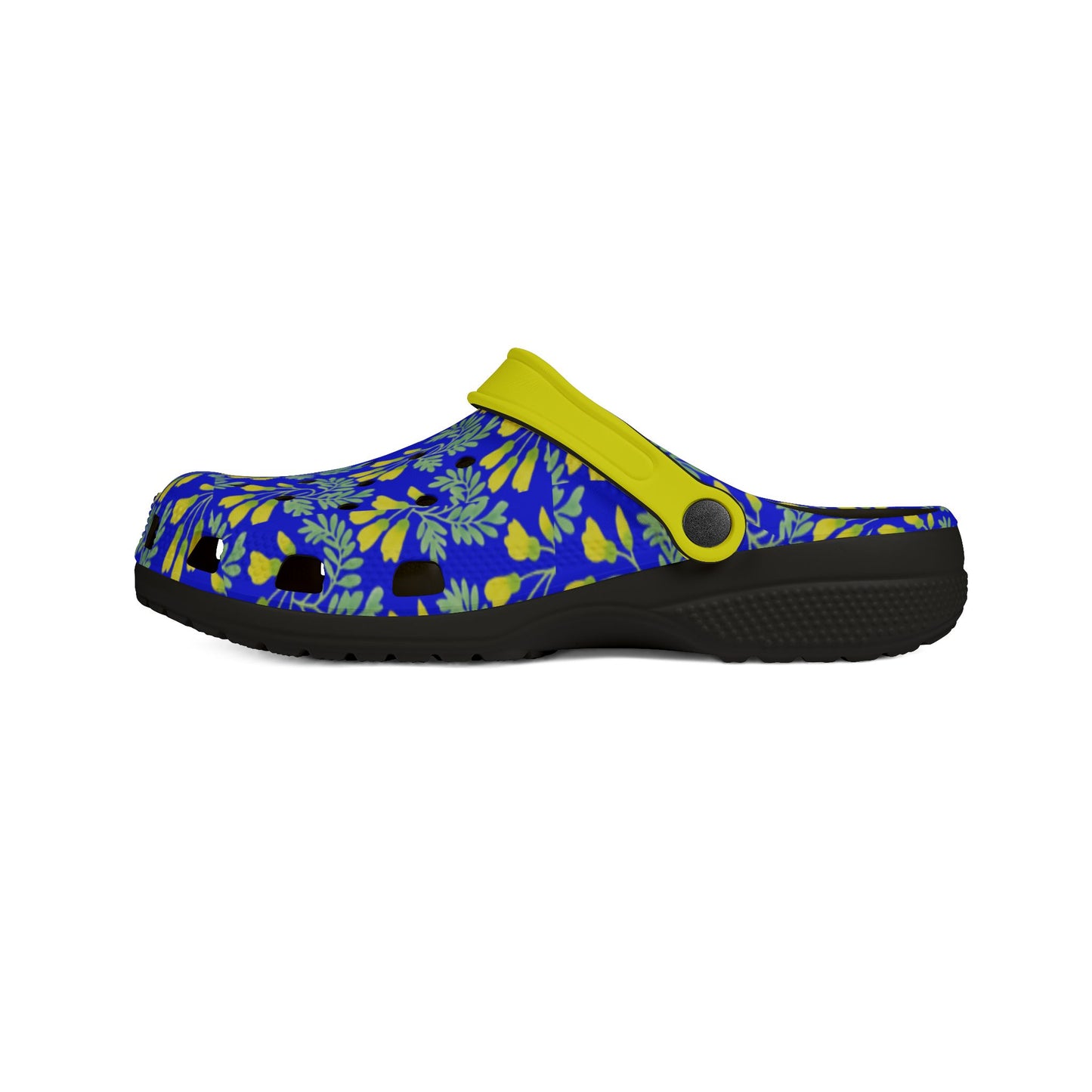 Blue floral slip-on clog with neon yellow accents and black sole.