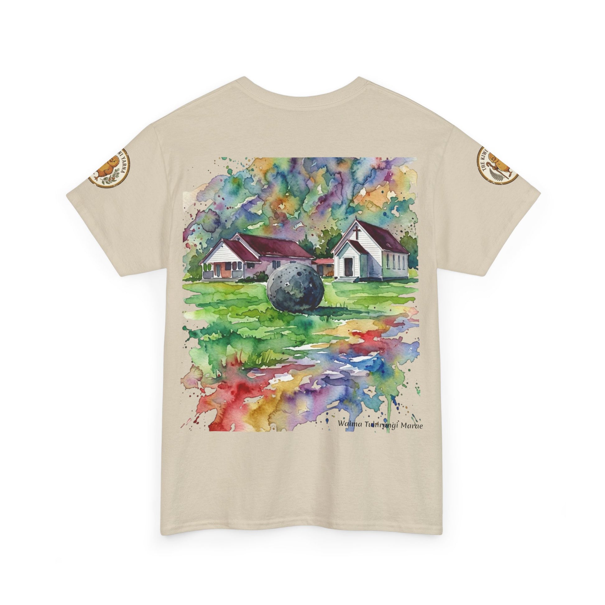 Sand/cream graphic T-shirt with watercolor house scene and round sleeve patches