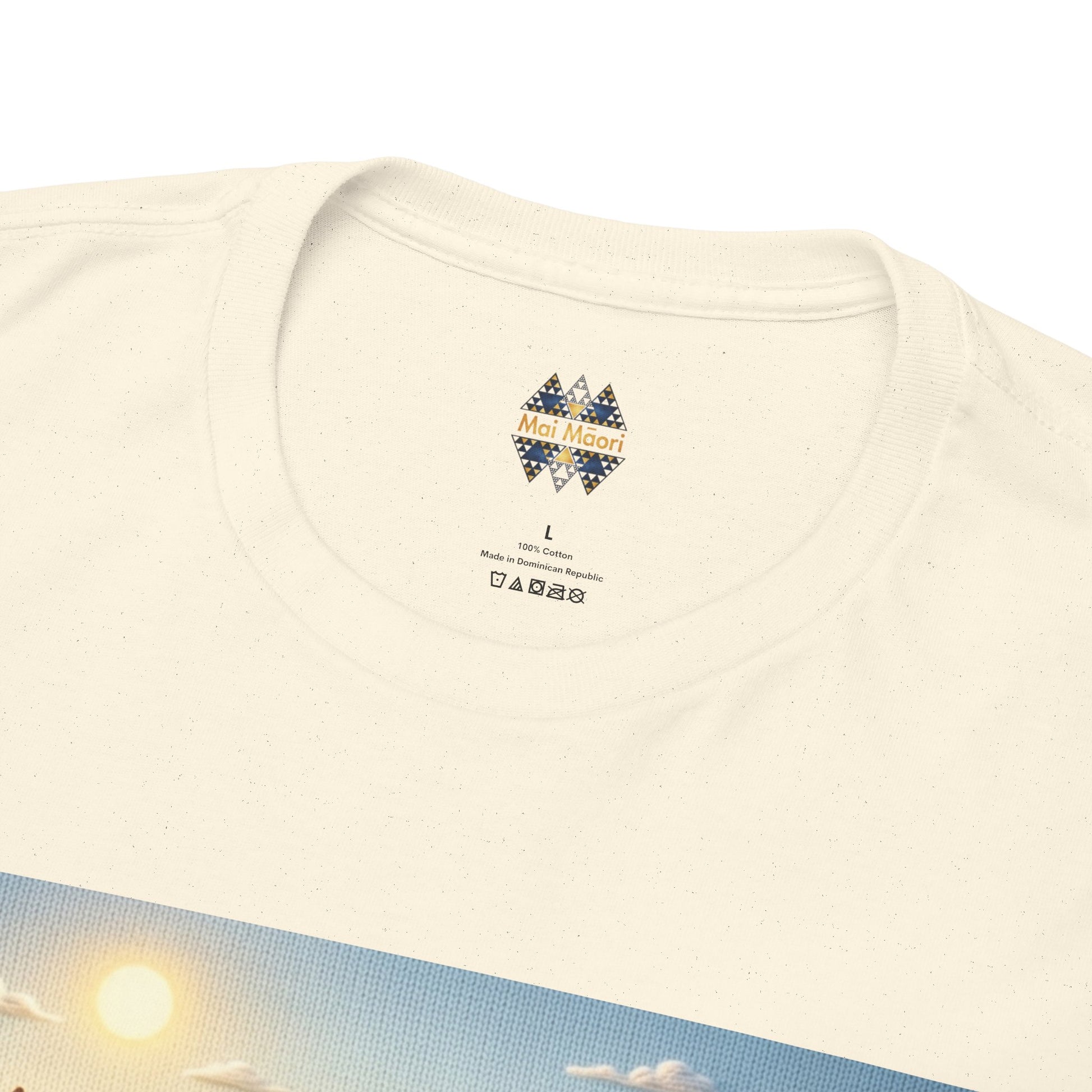Cream T-shirt neckline close-up with small multicolor brand logo