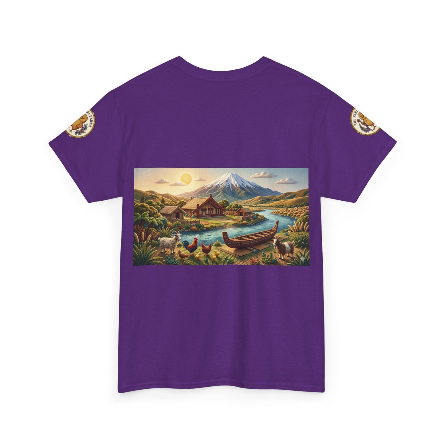 Purple crewneck graphic T-shirt with landscape canoe panel and circular sleeve logos
