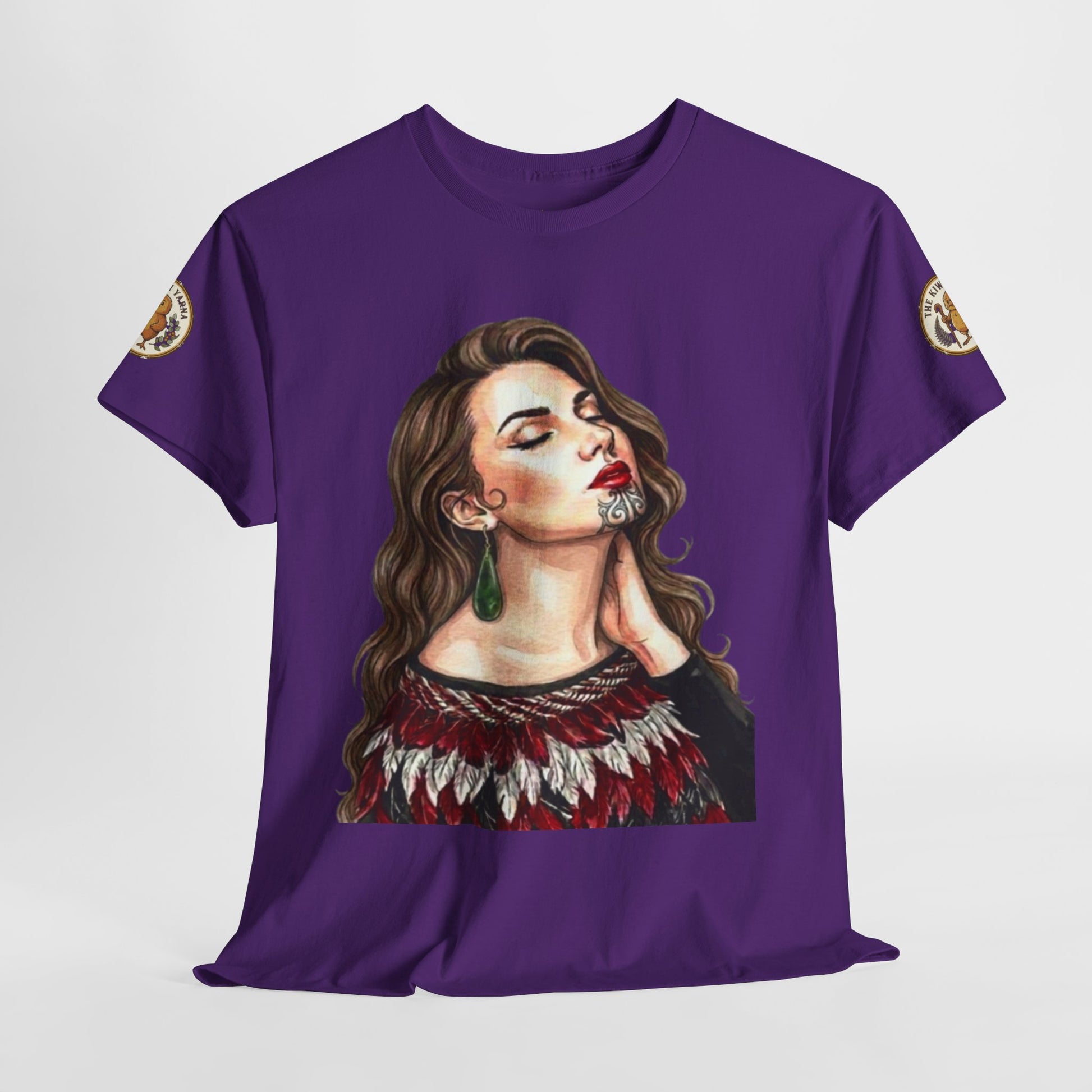 Purple graphic T-shirt with crew neck and woman portrait front print, gold sleeve accents.