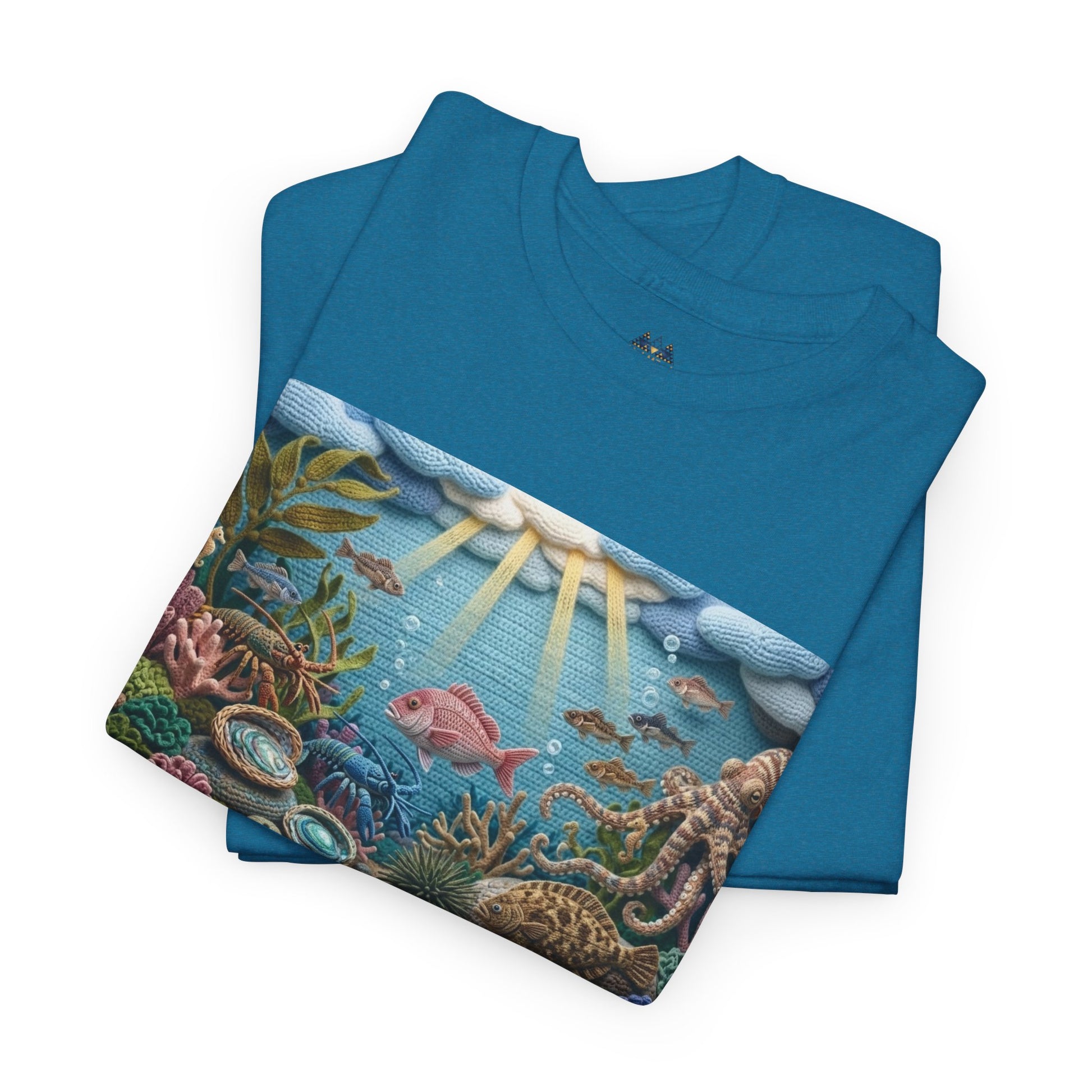 Teal/blue ocean graphic T-shirt with front reef panel and short sleeves