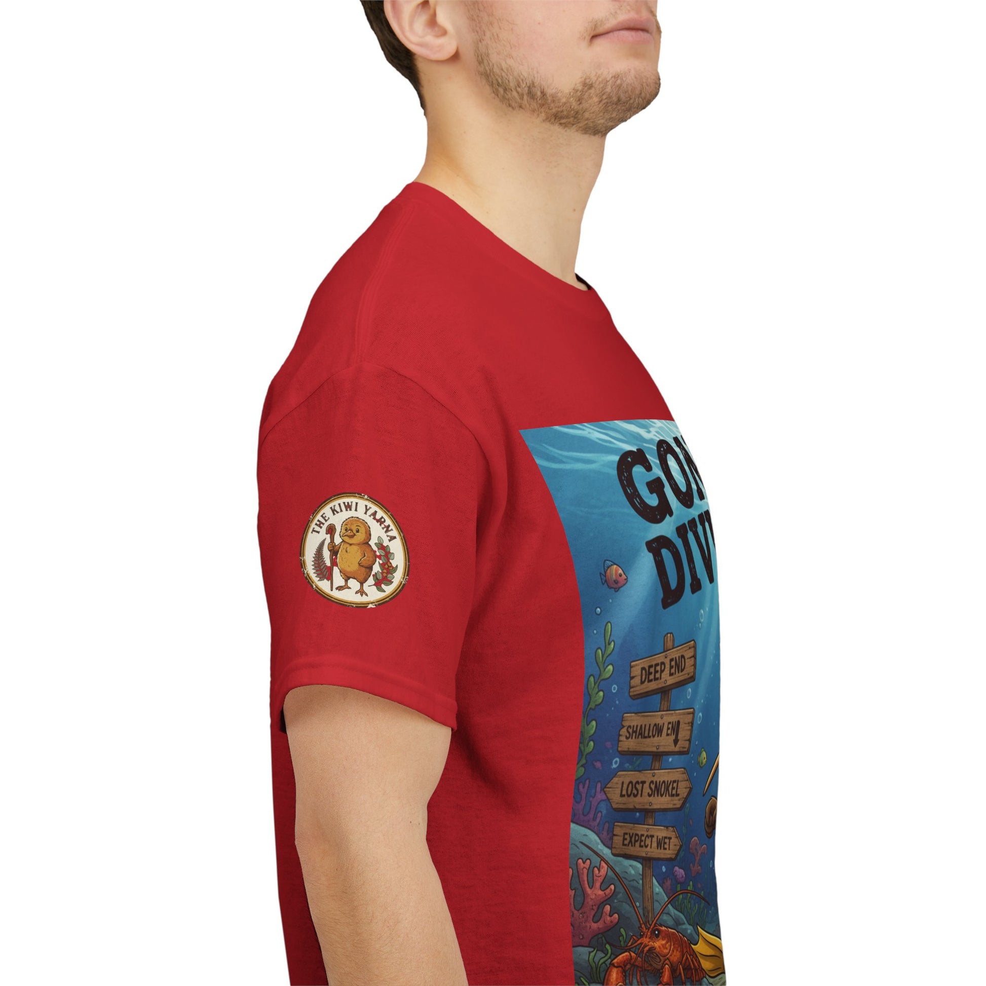 Red T-shirt side view with round sleeve logo and blue underwater panel
