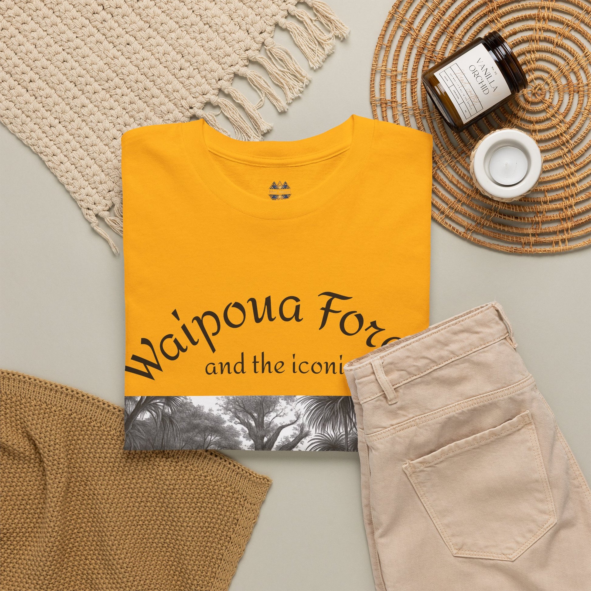 Yellow T-shirt with Waipoua lettering and forest photo panel