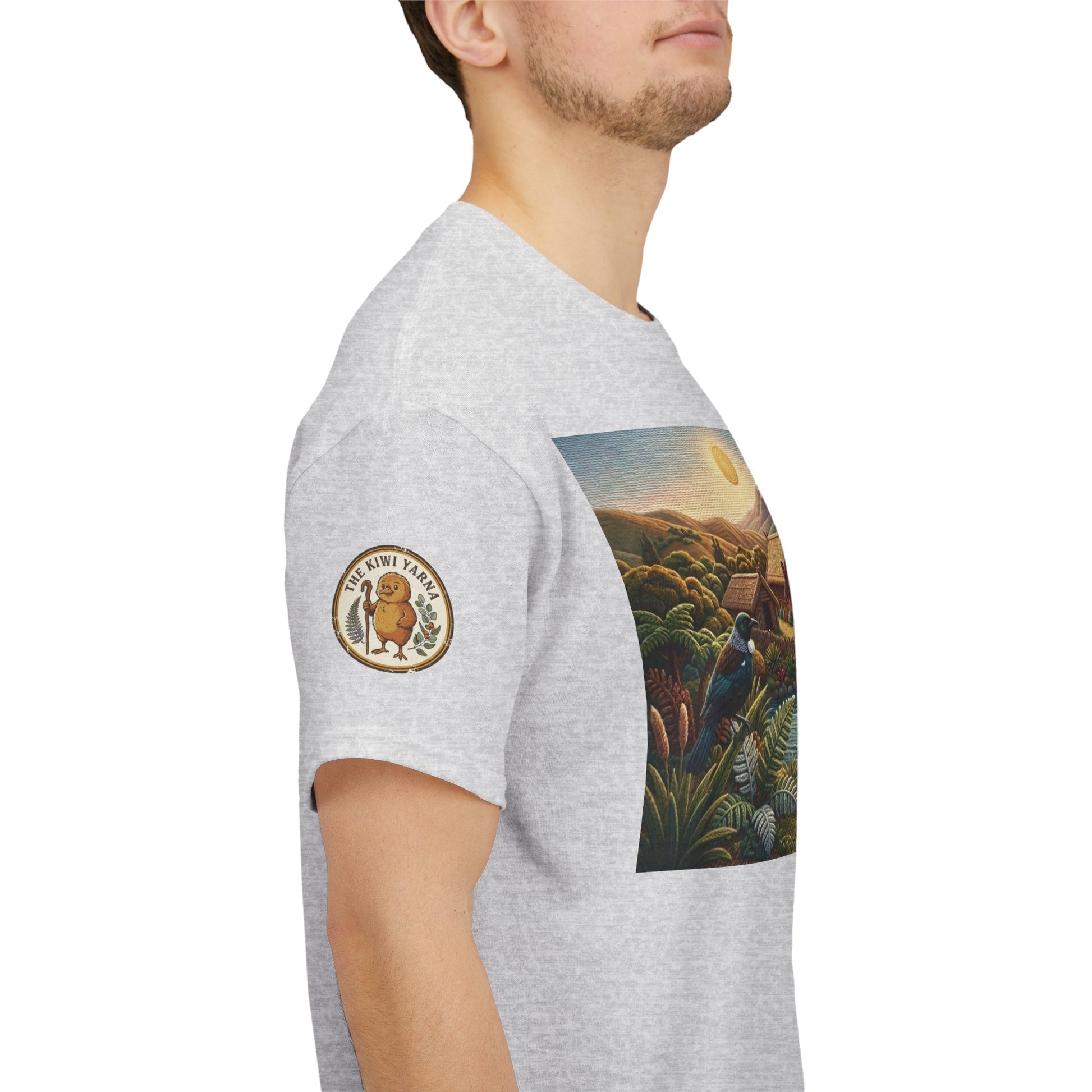 Light gray crew-neck graphic T-shirt with side-panel landscape print and circular sleeve logo