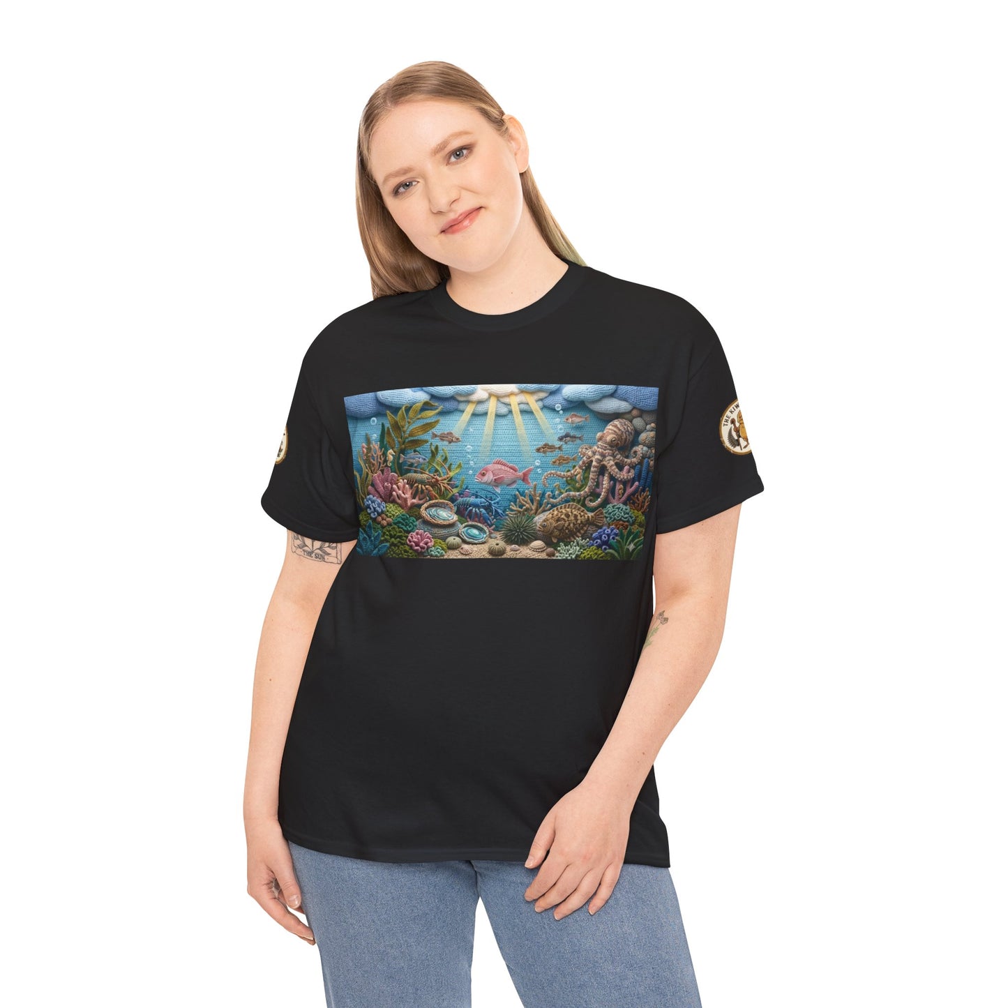 Black crew-neck T-shirt with colorful undersea scene graphic panel on chest.