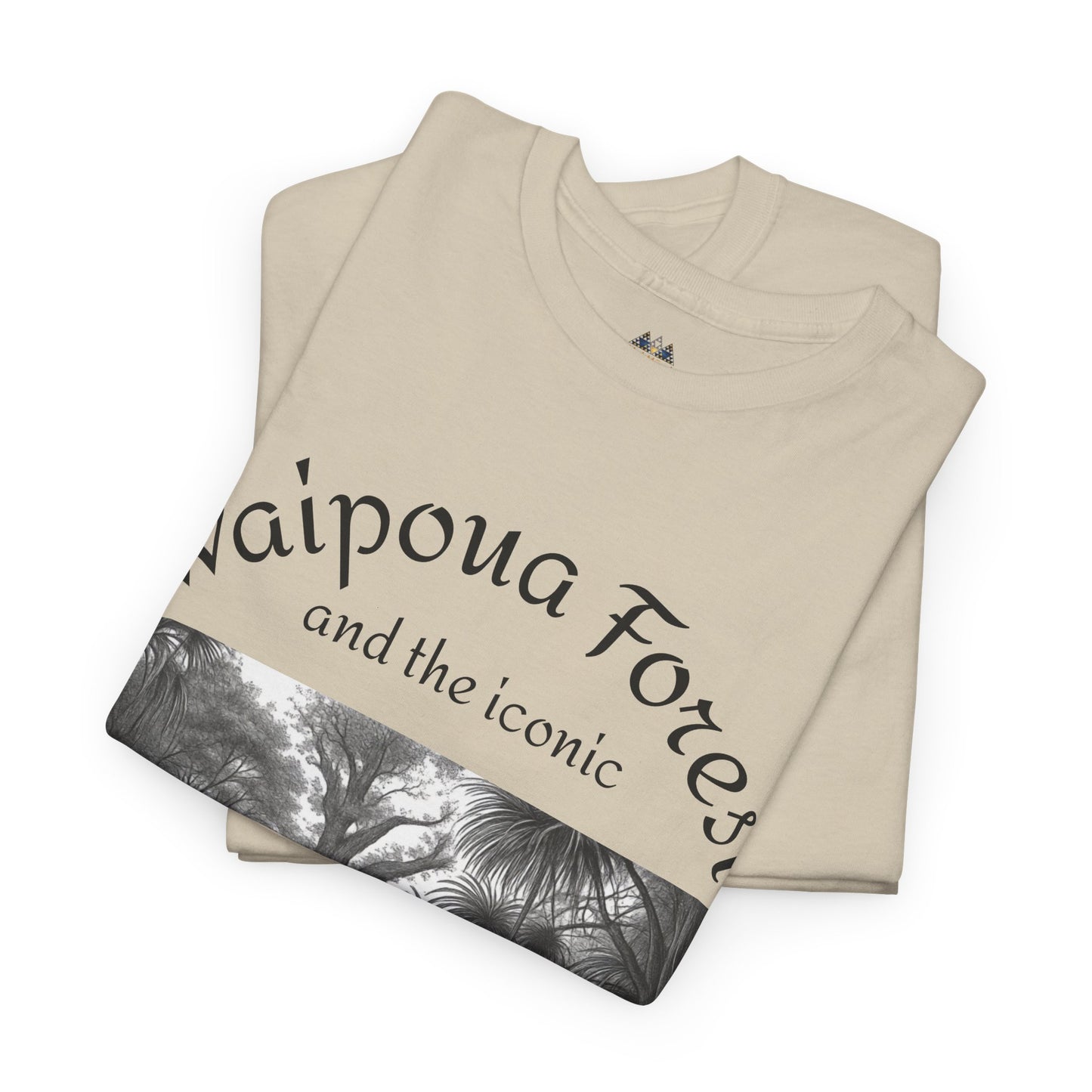 Beige T-shirt with black-and-gray forest photo graphic, folded view