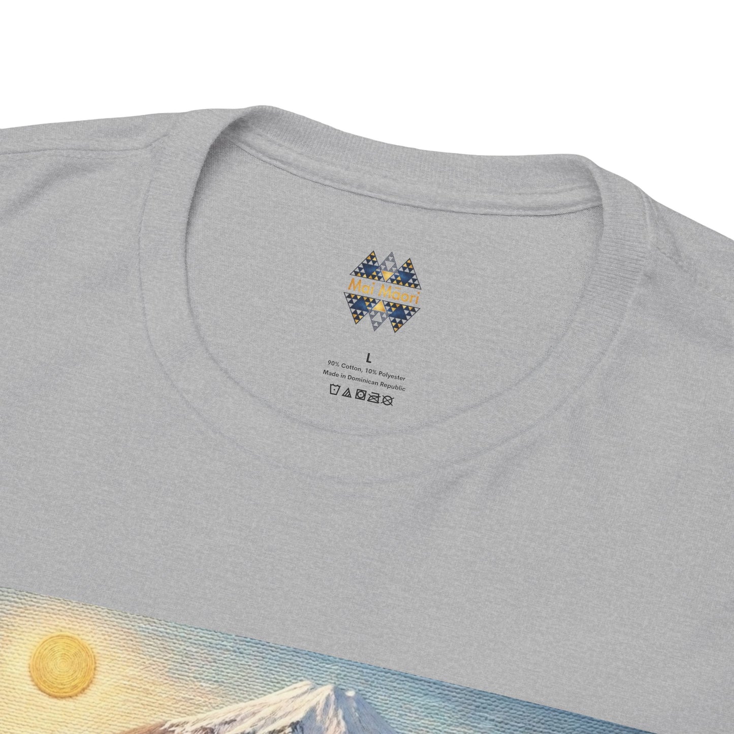 Gray heather crewneck T-shirt with small geometric logo at center chest