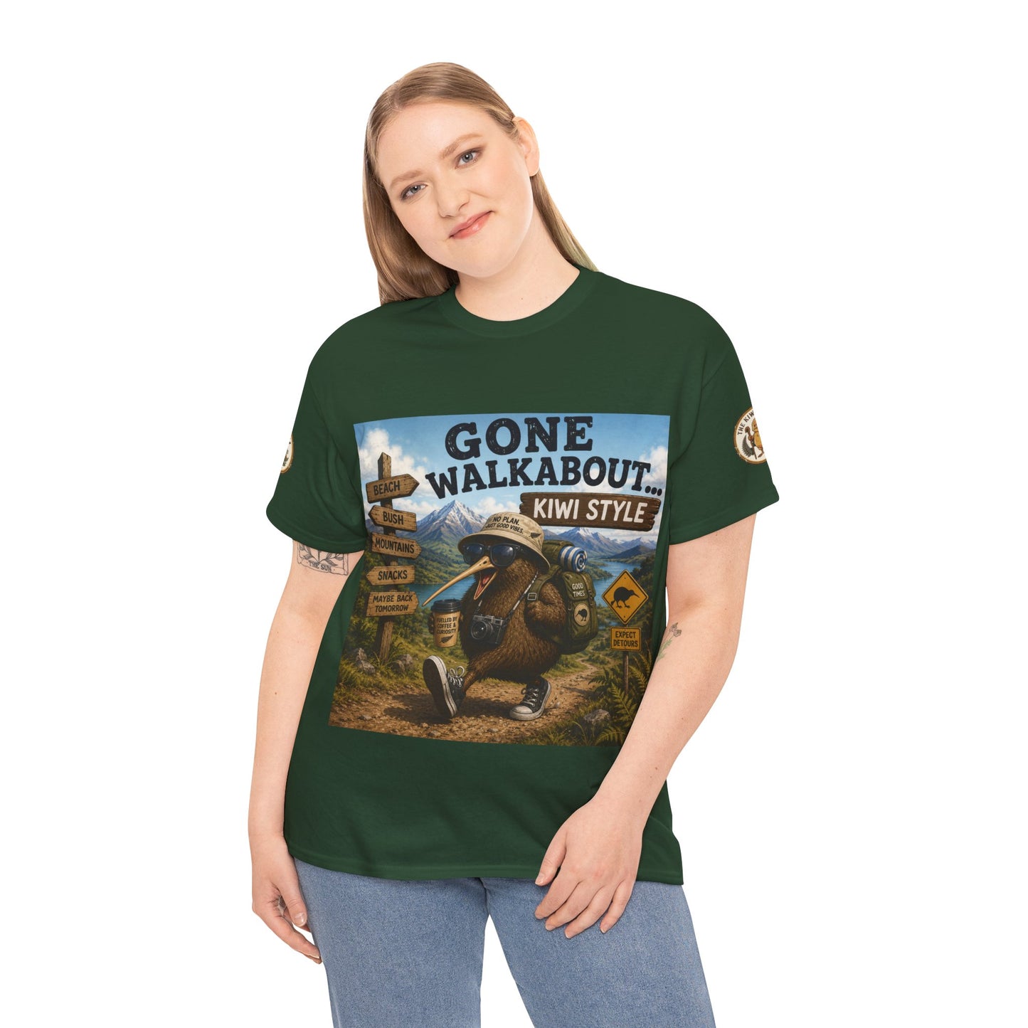 Forest green kiwi adventure graphic T-shirt on model, short sleeves