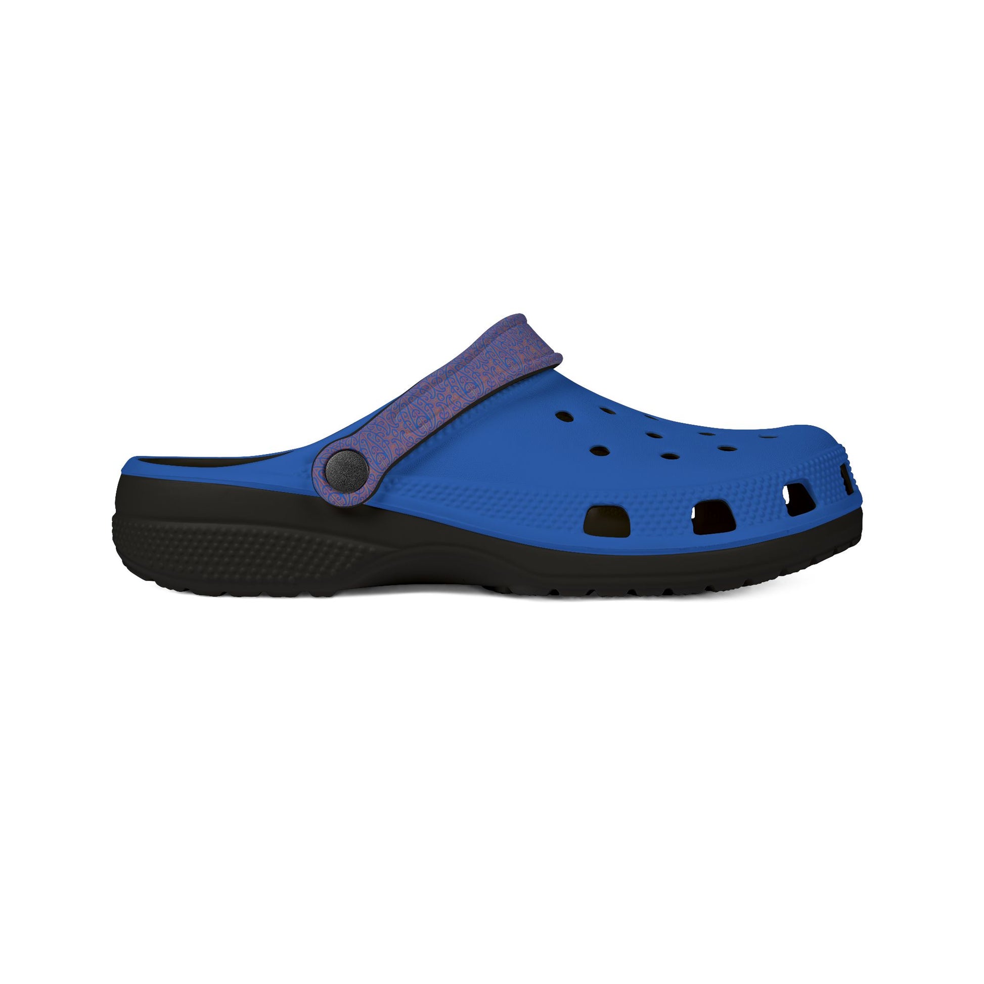 Blue croc-style clog with purple patterned upper and dark rubber sole, side/front angle.