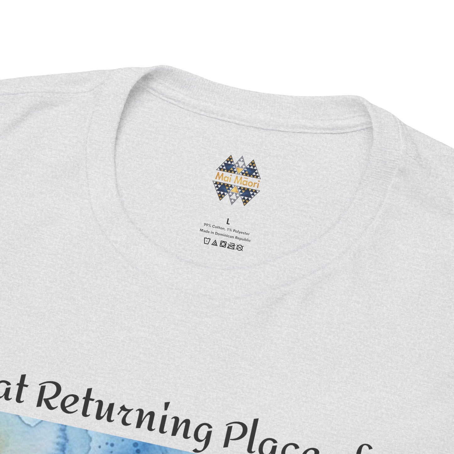 Heather gray T-shirt close-up with round multicolor logo at the neckline