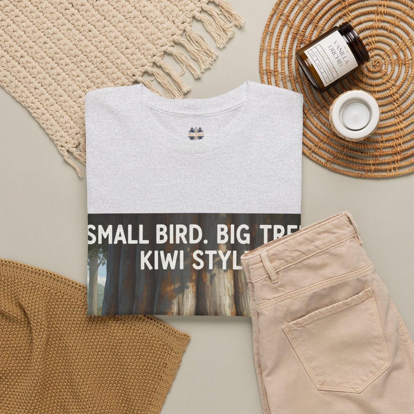 Light gray graphic T-shirt front panel with bird-and-tree scene print, short sleeves