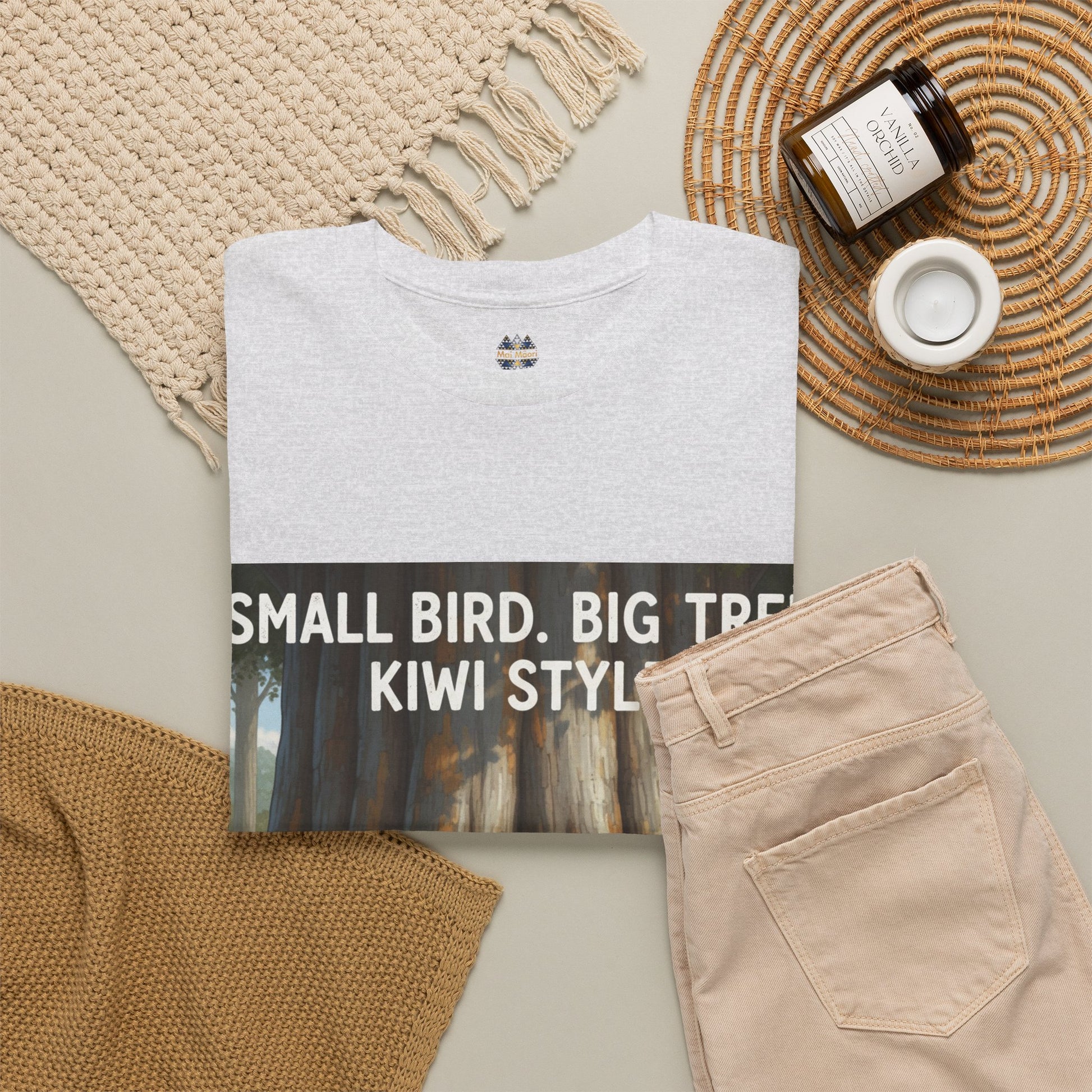 Light gray graphic T-shirt front panel with bird-and-tree scene print, short sleeves