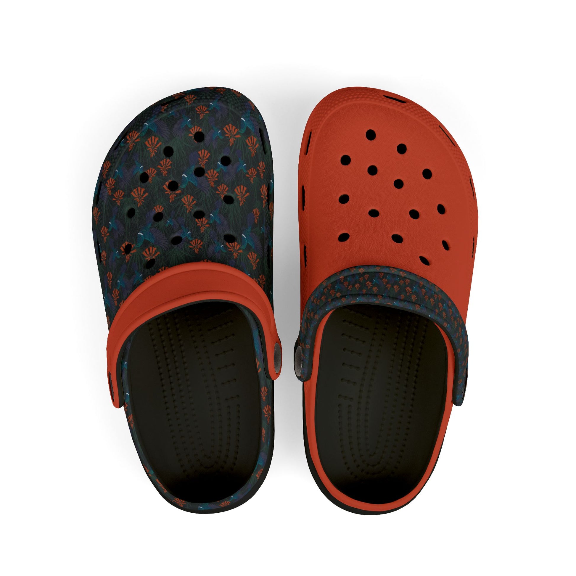 Kids clog shoes, dark floral print with orange upper, round vent holes, white sole