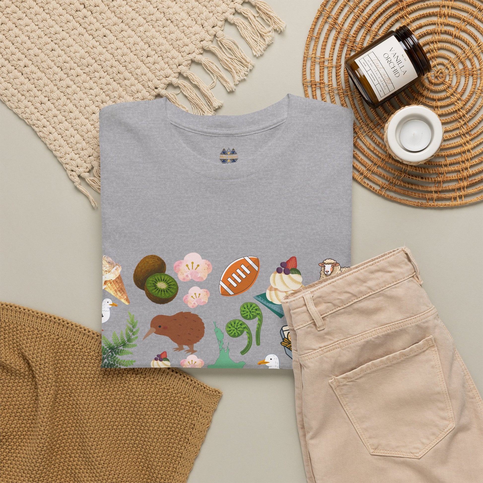 Gray crewneck T-shirt with small chest logo and colorful animal graphic