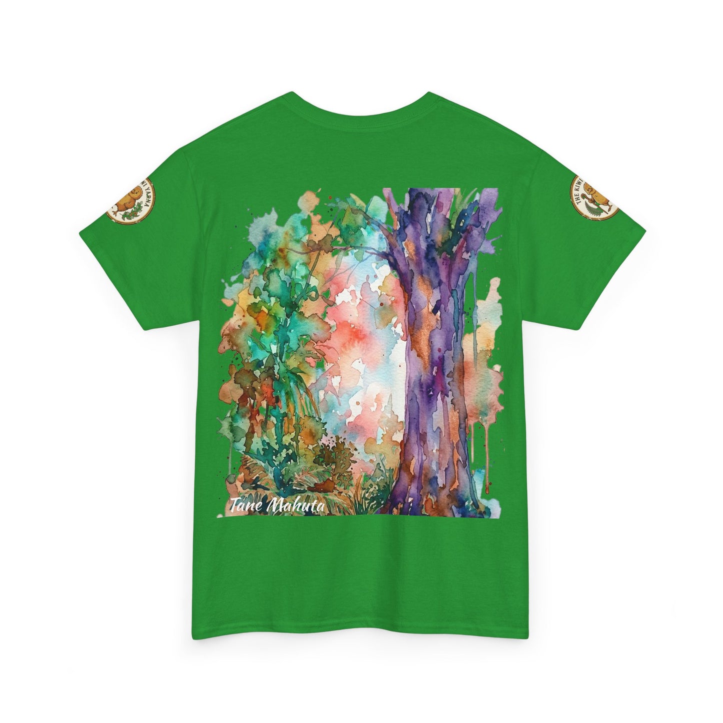 Green watercolor tree graphic T-shirt with short sleeves and crew neckline