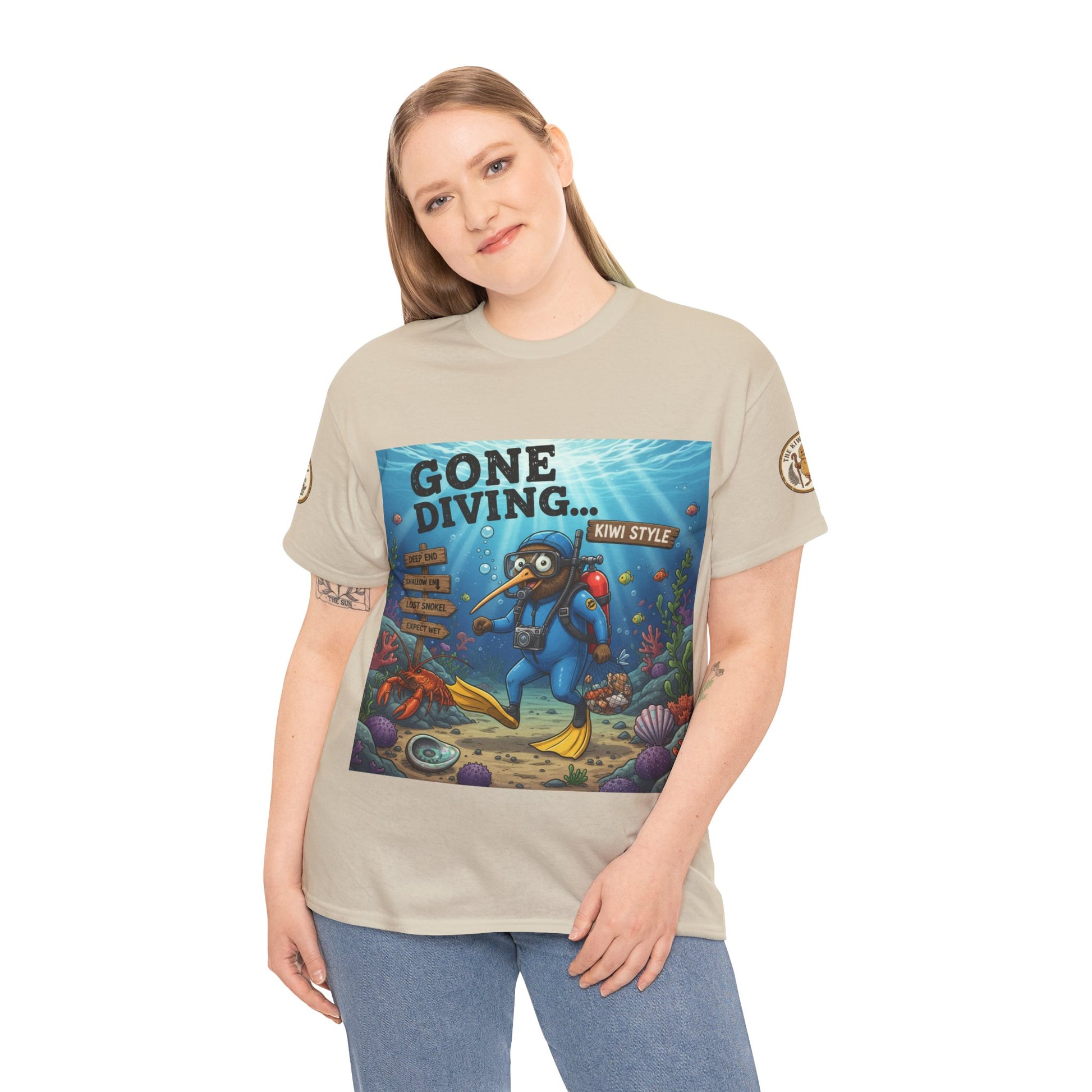 Natural/cream crew-neck T-shirt with front “Gone Diving…Kiwi Style” underwater graphic