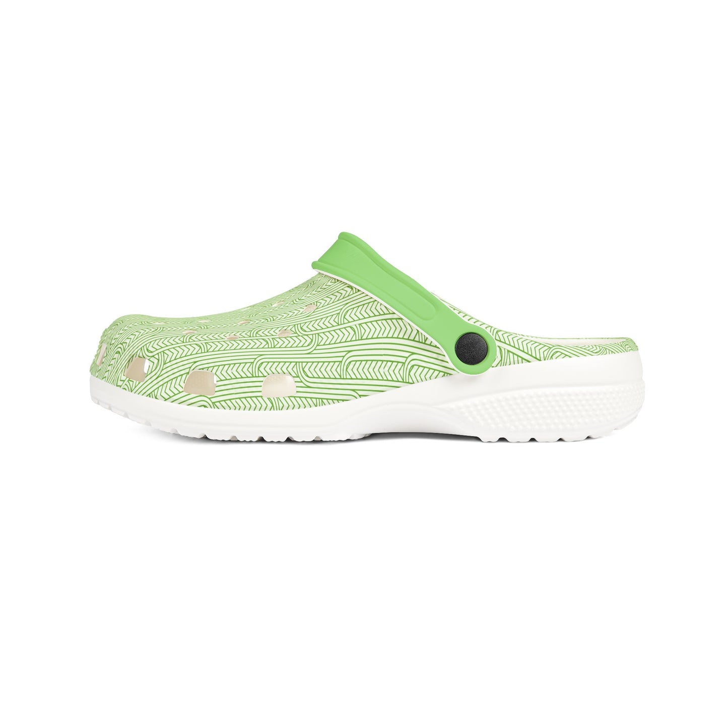 Maoritanga slip-on clogs, green patterned upper, round dark button detail, white sole