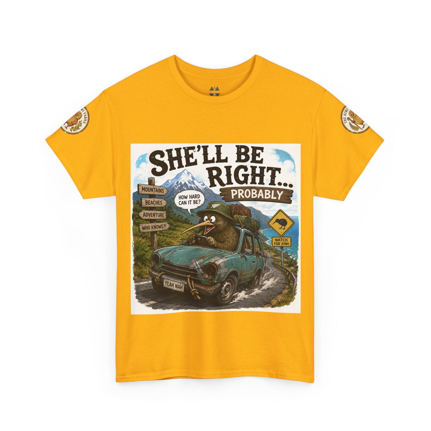 Mustard yellow graphic T-shirt with front print and round sleeve logo patches.