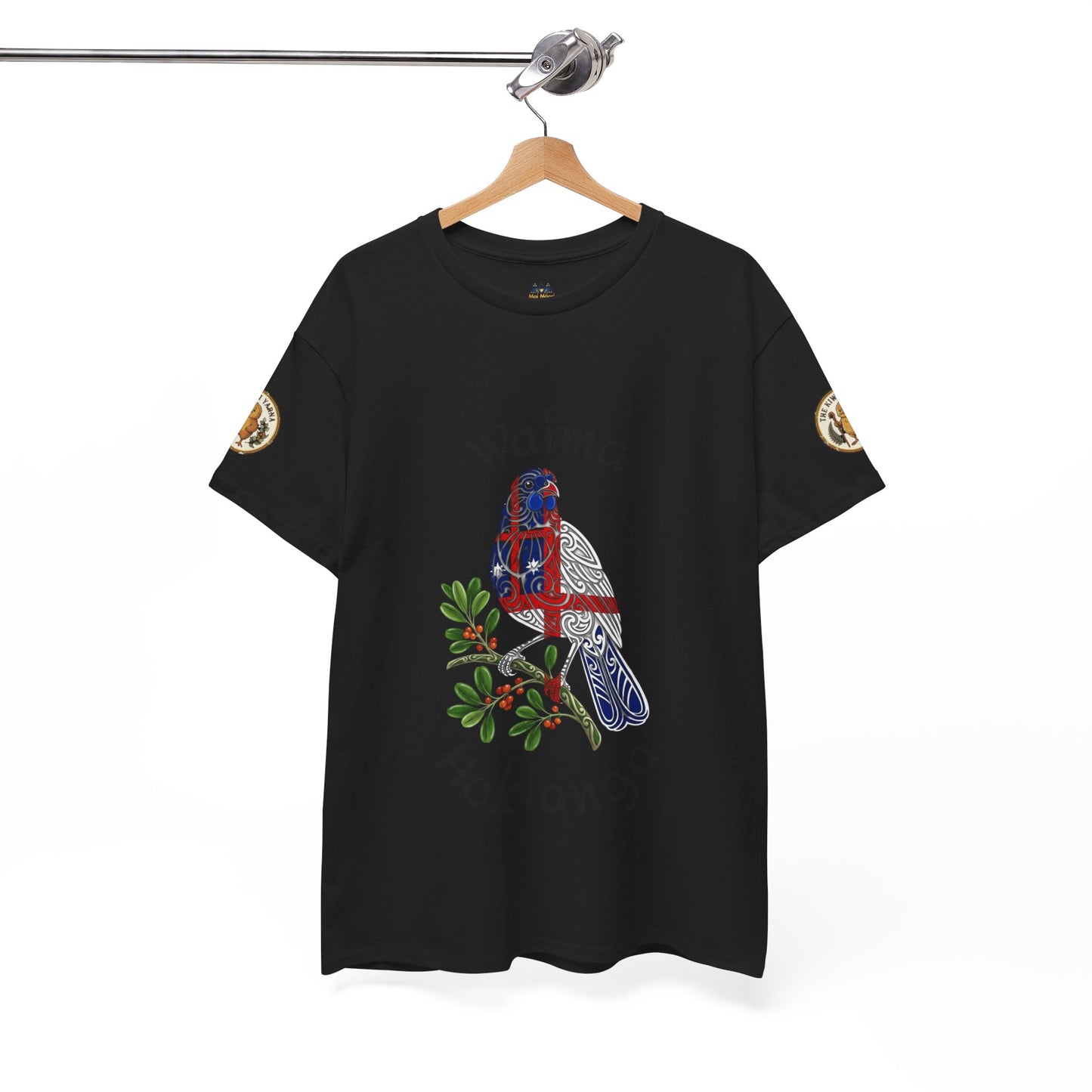 Black crew-neck T-shirt with front blue bird wearing red crown and green leaves.
