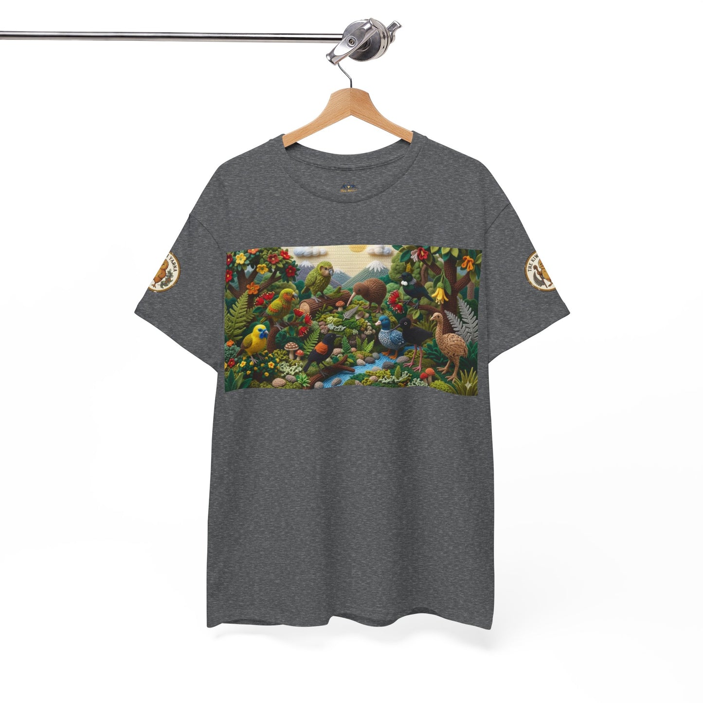 Dark gray crew-neck T-shirt with colorful birds-and-forest rectangle print on front