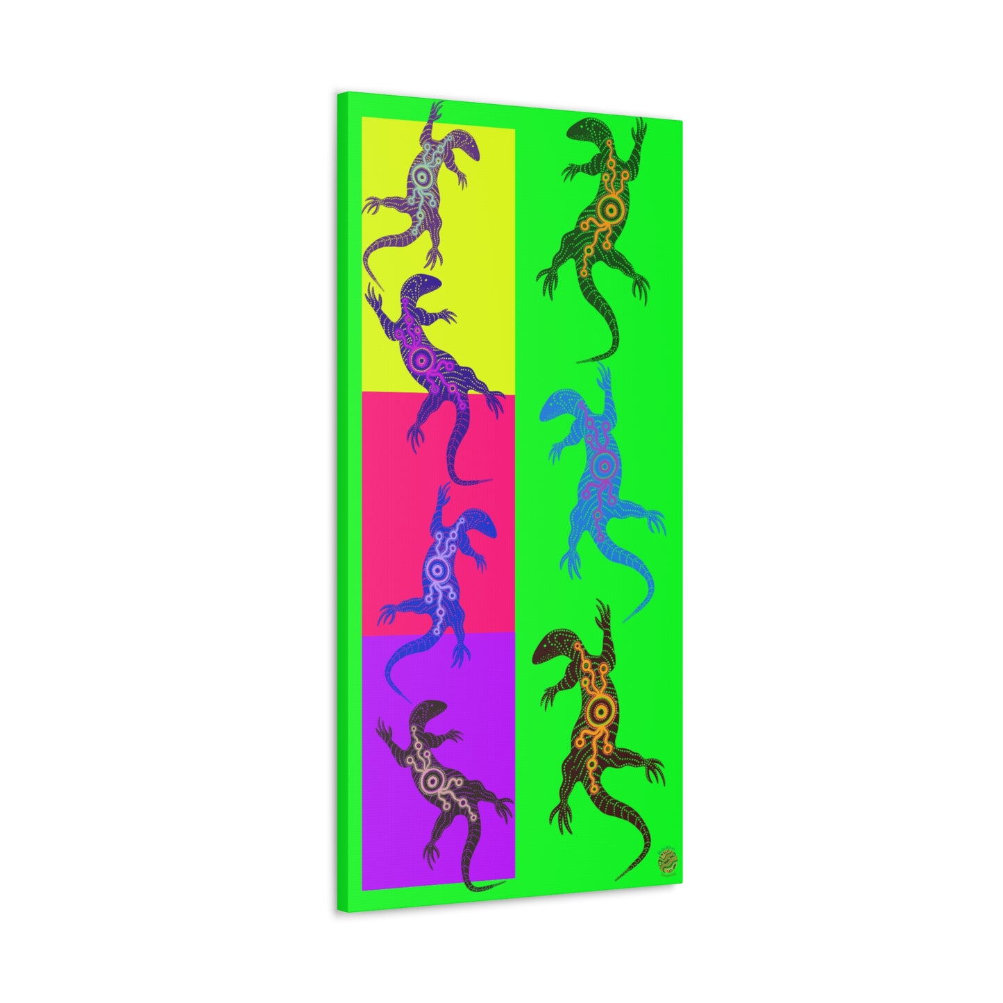 Neon tall lizard wall art with two columns of stylized goanna figures