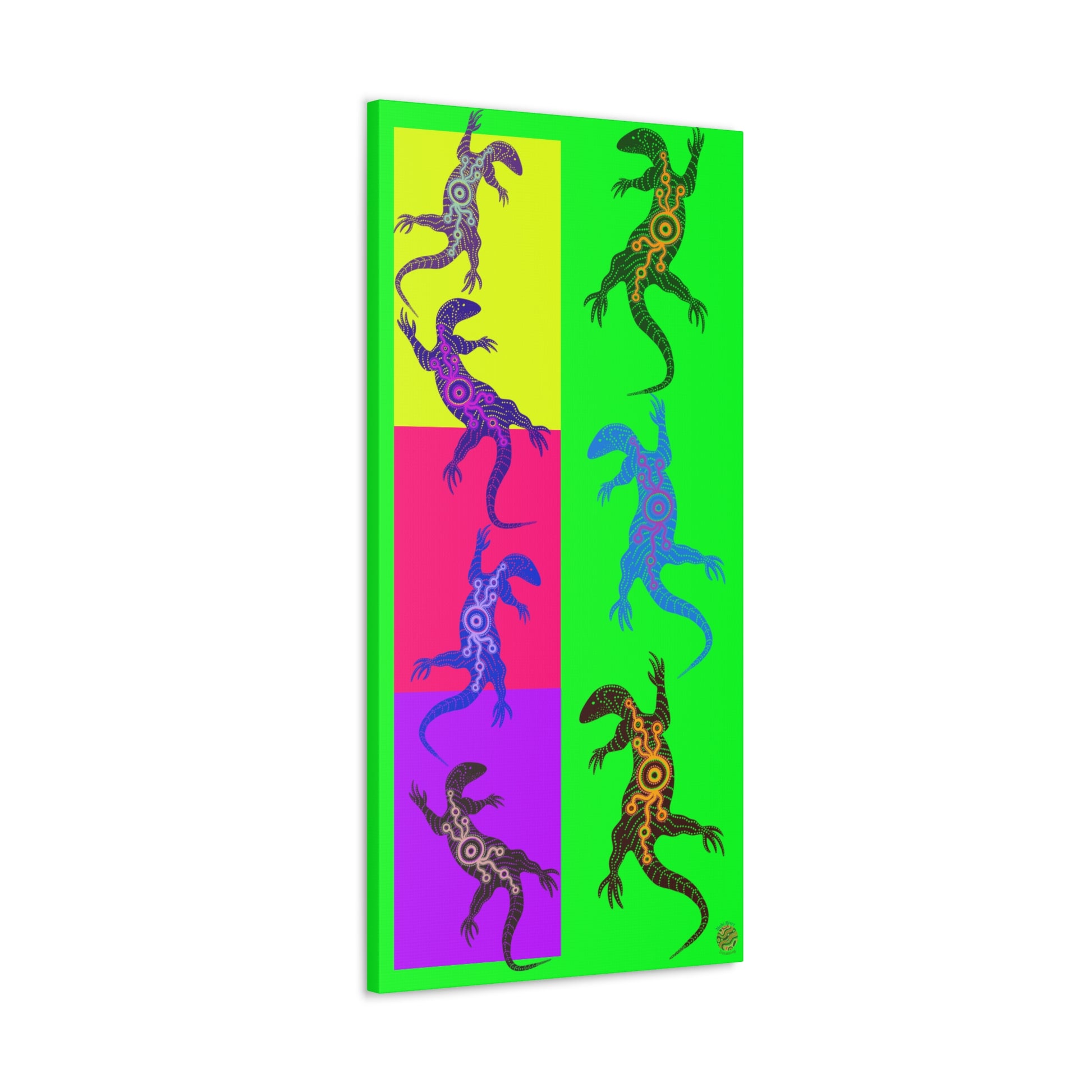 Neon tall lizard wall art with two columns of stylized goanna figures
