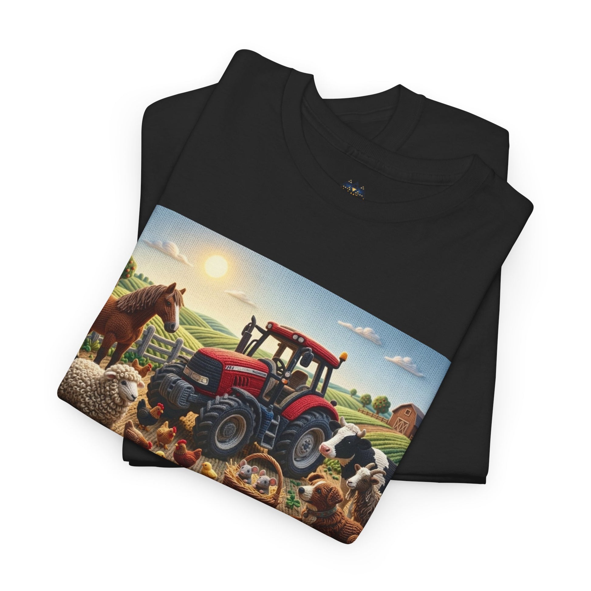 Black crewneck T-shirt with farm tractor and animals graphic across the front.