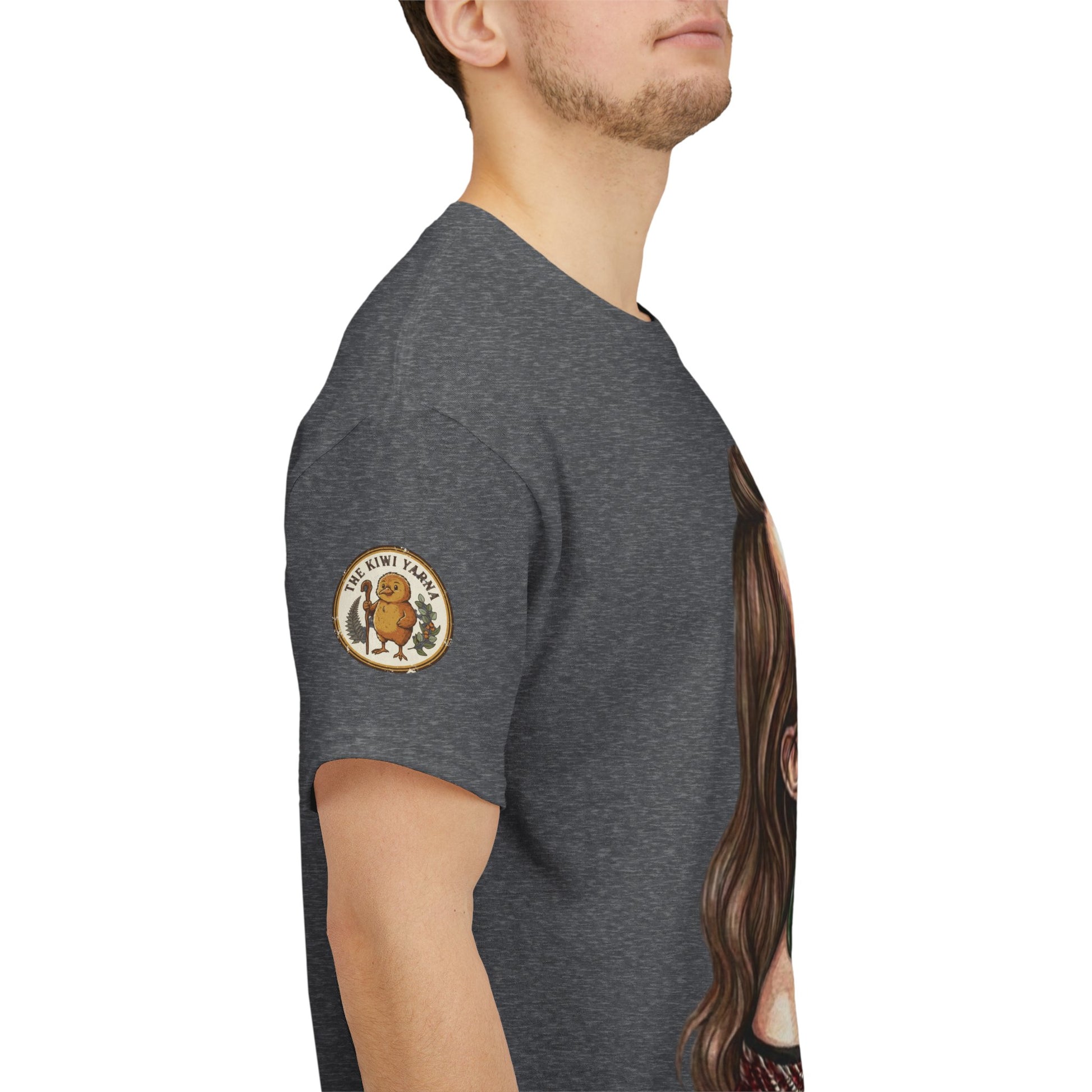 Heather gray T-shirt with circular emblem patch on the sleeve