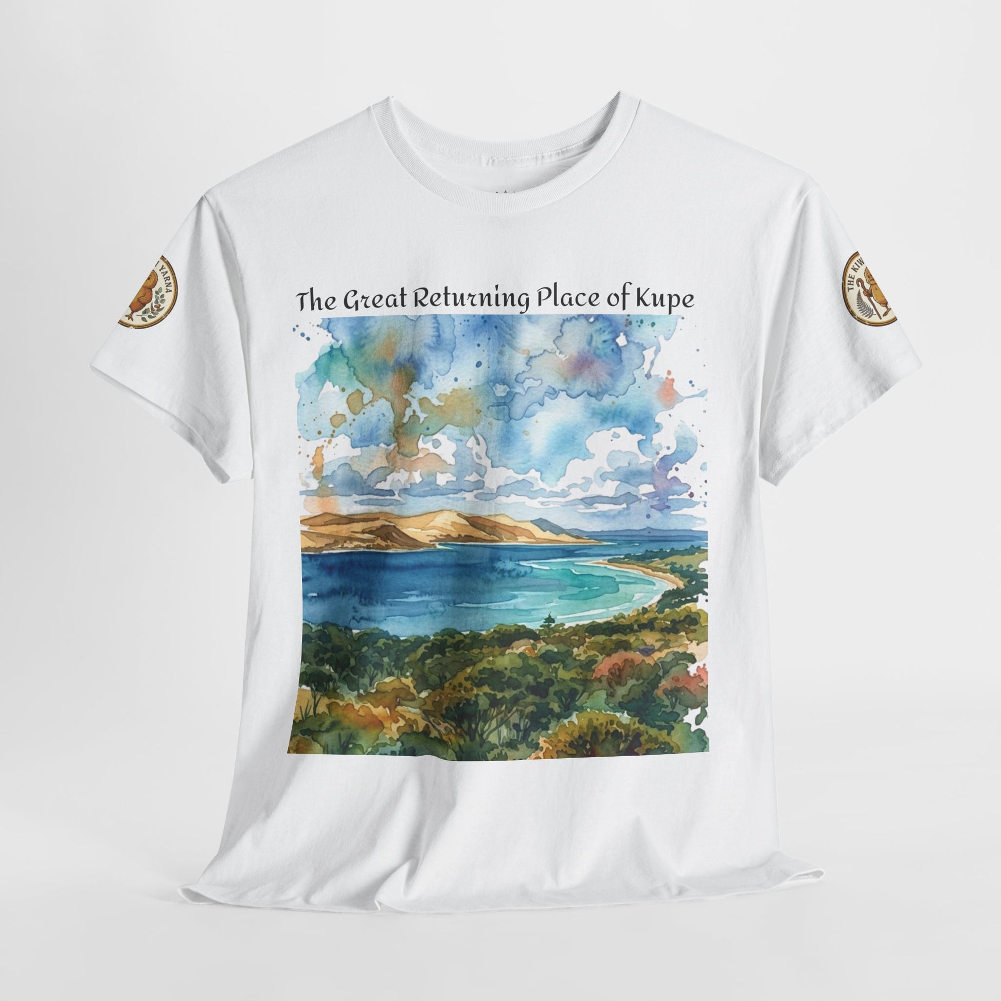 White crew-neck T-shirt flat lay with watercolor landscape front graphic and sleeve patches
