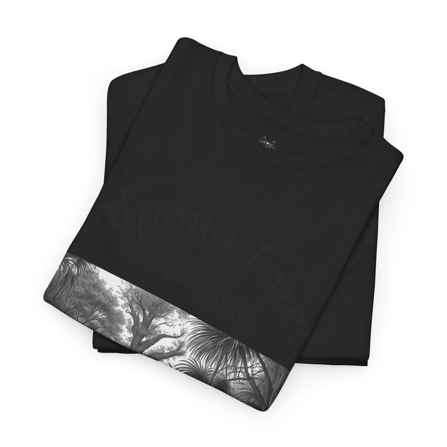 Black T-shirt with folded look and grayscale forest photo graphic across the front