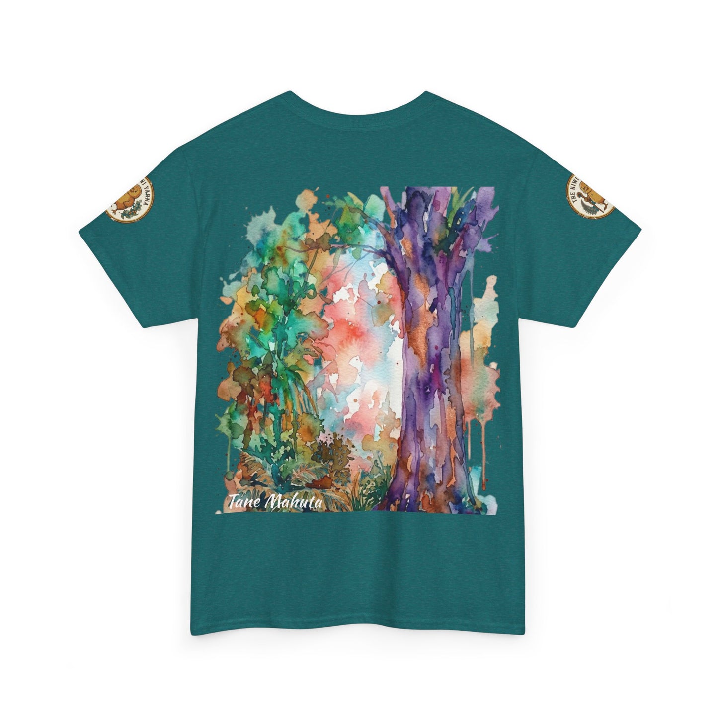 Teal T-shirt with colorful watercolor tree artwork and Tane Mahuta script, front