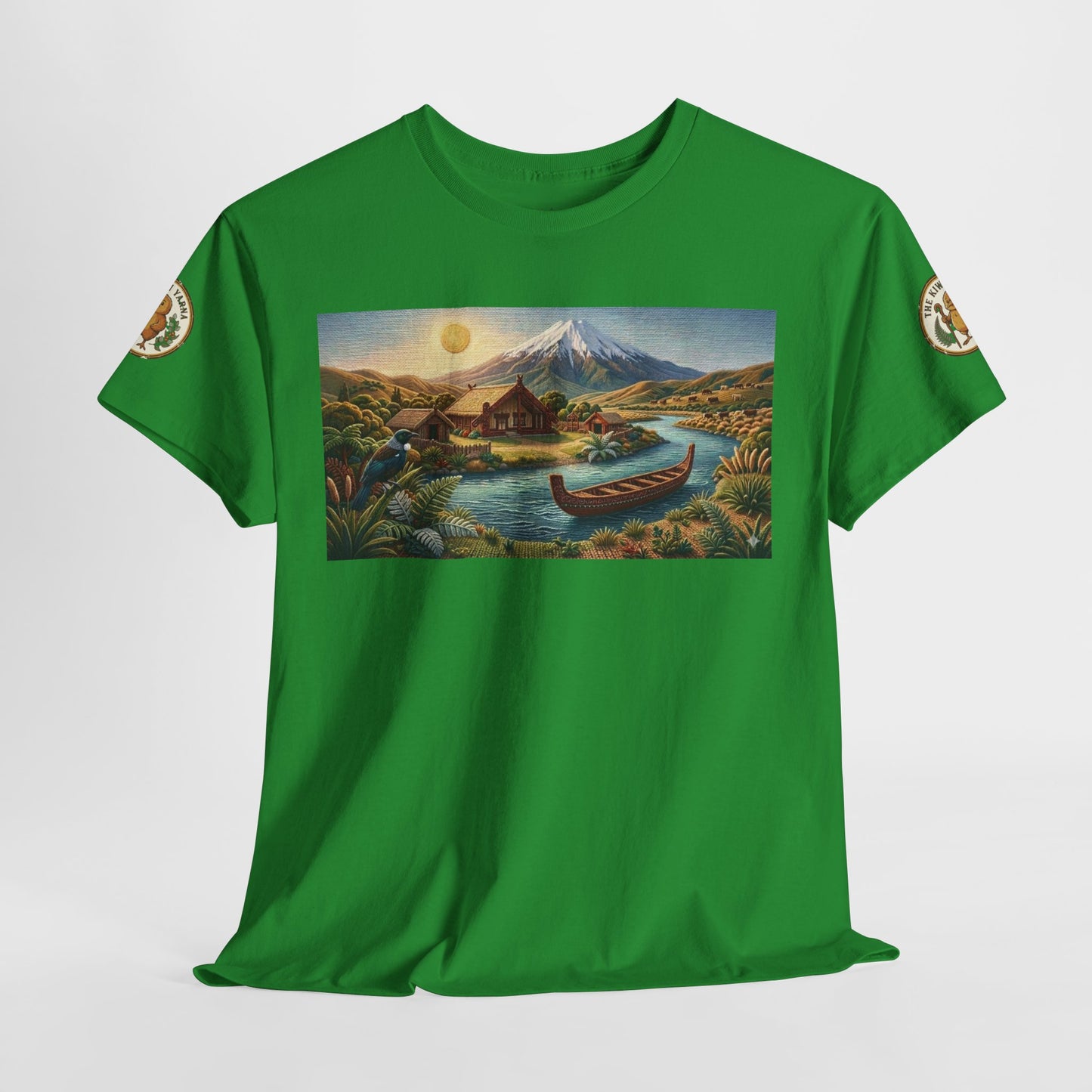 Green crewneck T-shirt flat lay with landscape graphic and small sleeve logo patches.