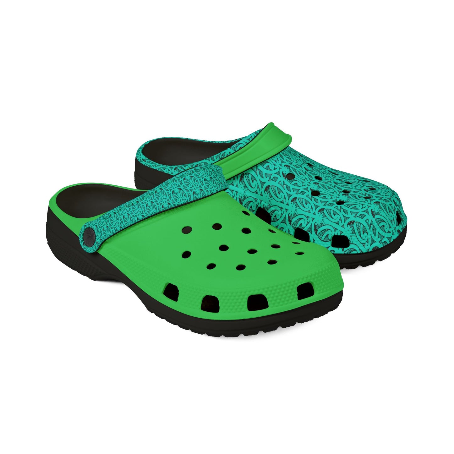 Green and teal patterned clog sandals with perforated toe and adjustable strap