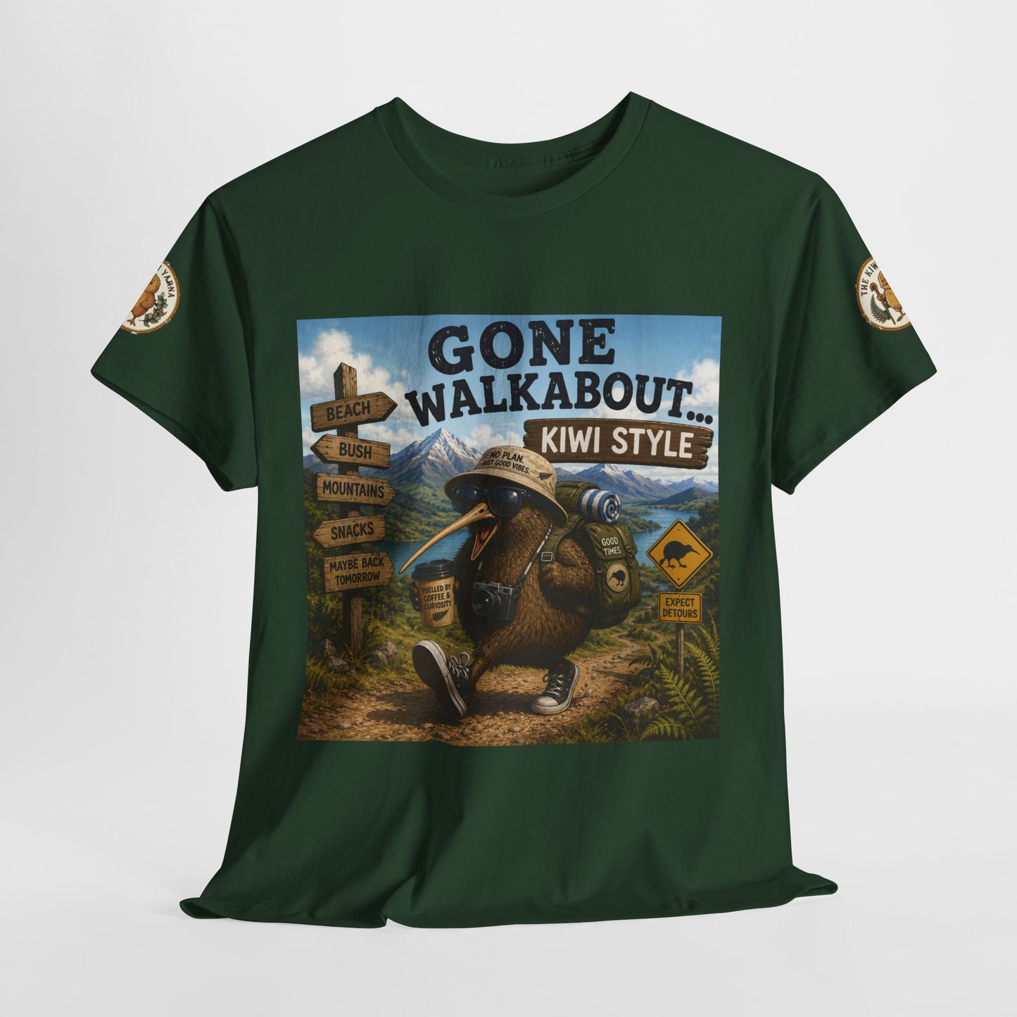 Forest green T-shirt with kiwi adventure poster graphic and crew neck