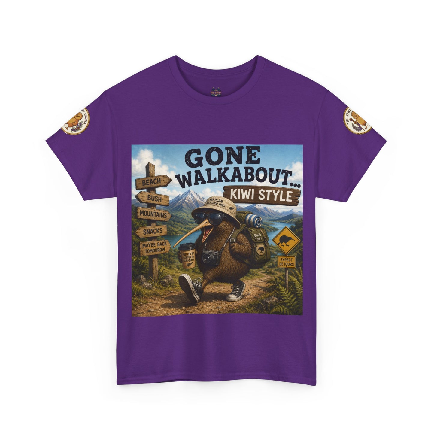 Purple crew-neck T-shirt with large kiwi adventure graphic on the front