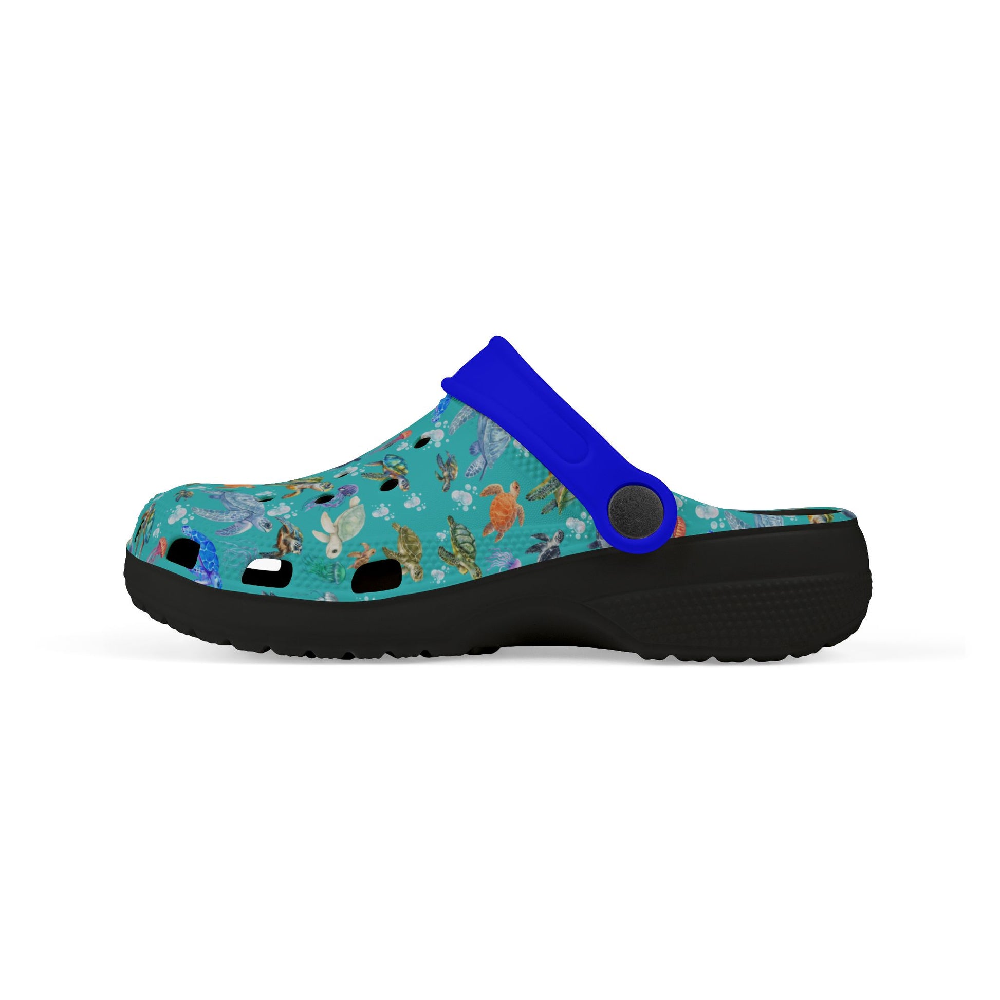 Kids' slip-on clogs, teal sea-animal print upper with blue strap and black sole.