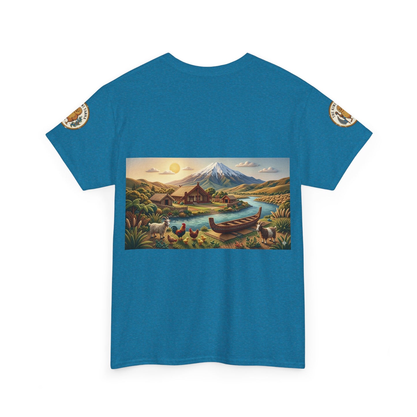Teal short-sleeve T-shirt with central landscape graphic and side sleeve emblem patches