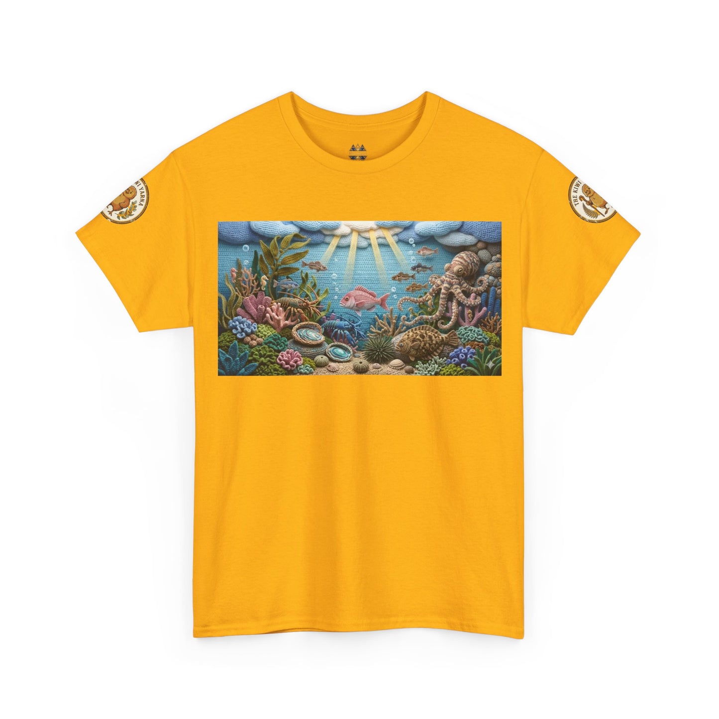 Mustard yellow T-shirt with centered underwater reef graphic panel; small circular arm patches.