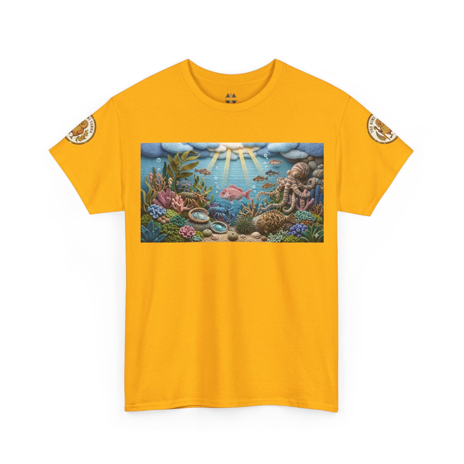Mustard yellow T-shirt with centered underwater reef graphic panel; small circular arm patches.